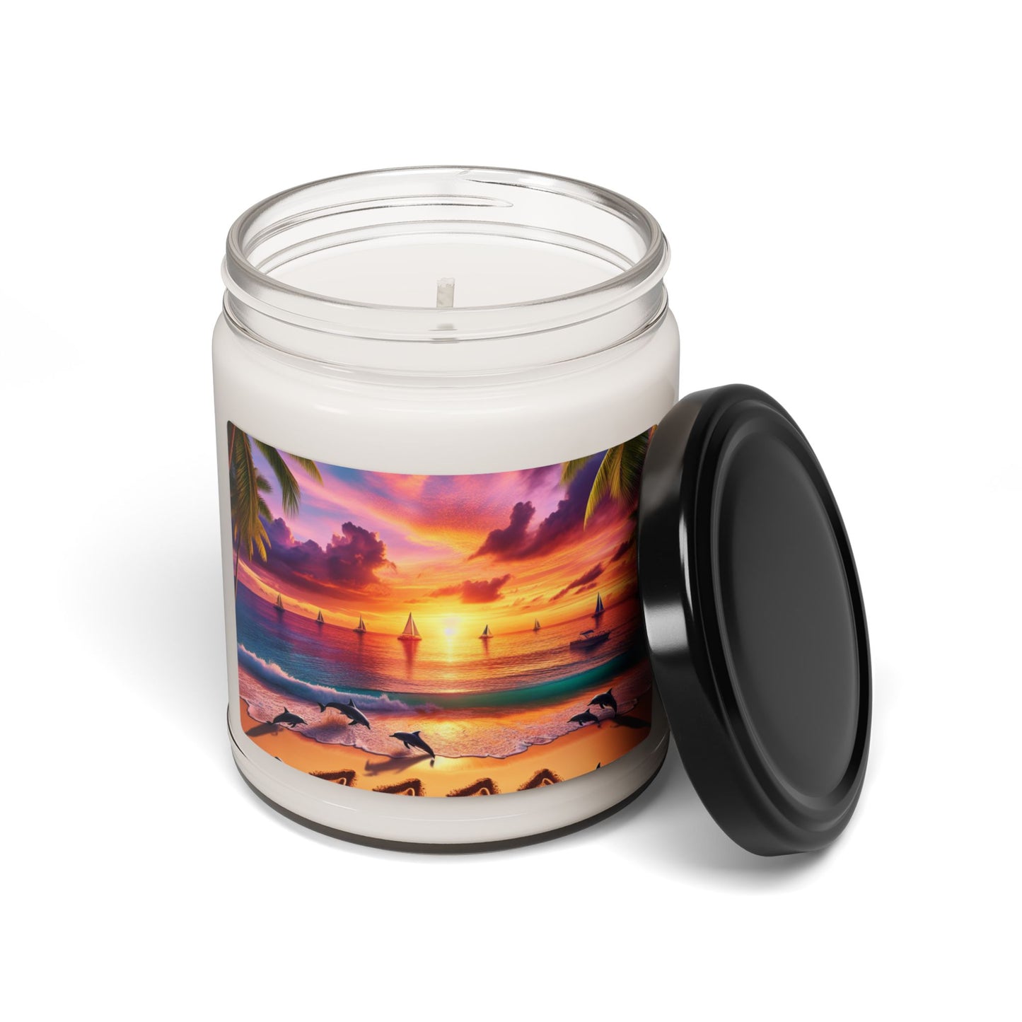 Scented Candle 9 Flavors "Dolphin's Paradise: Twilight Dance on Tropical Shores" - 1111 Tropical Beach Sunset with Palm Trees, Dolphins, and Sailboats Art