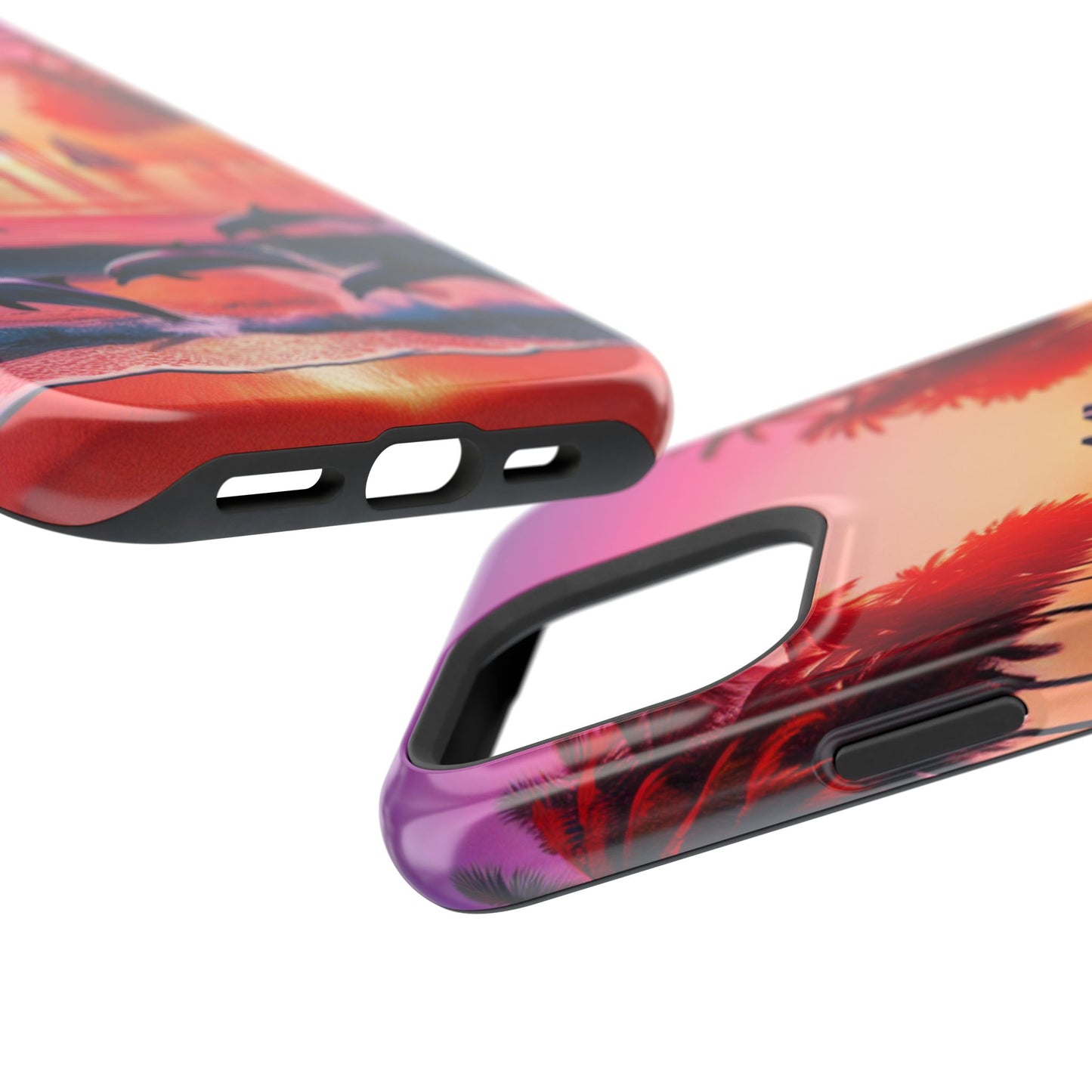 Magnetic Iphone 13-16 Pro and Max 1111 "Twilight Serenity: Tropical Beach Haven" - Tough Phone Case with Tropical Beach Sunset Dolphins ande Sailboats HD Art