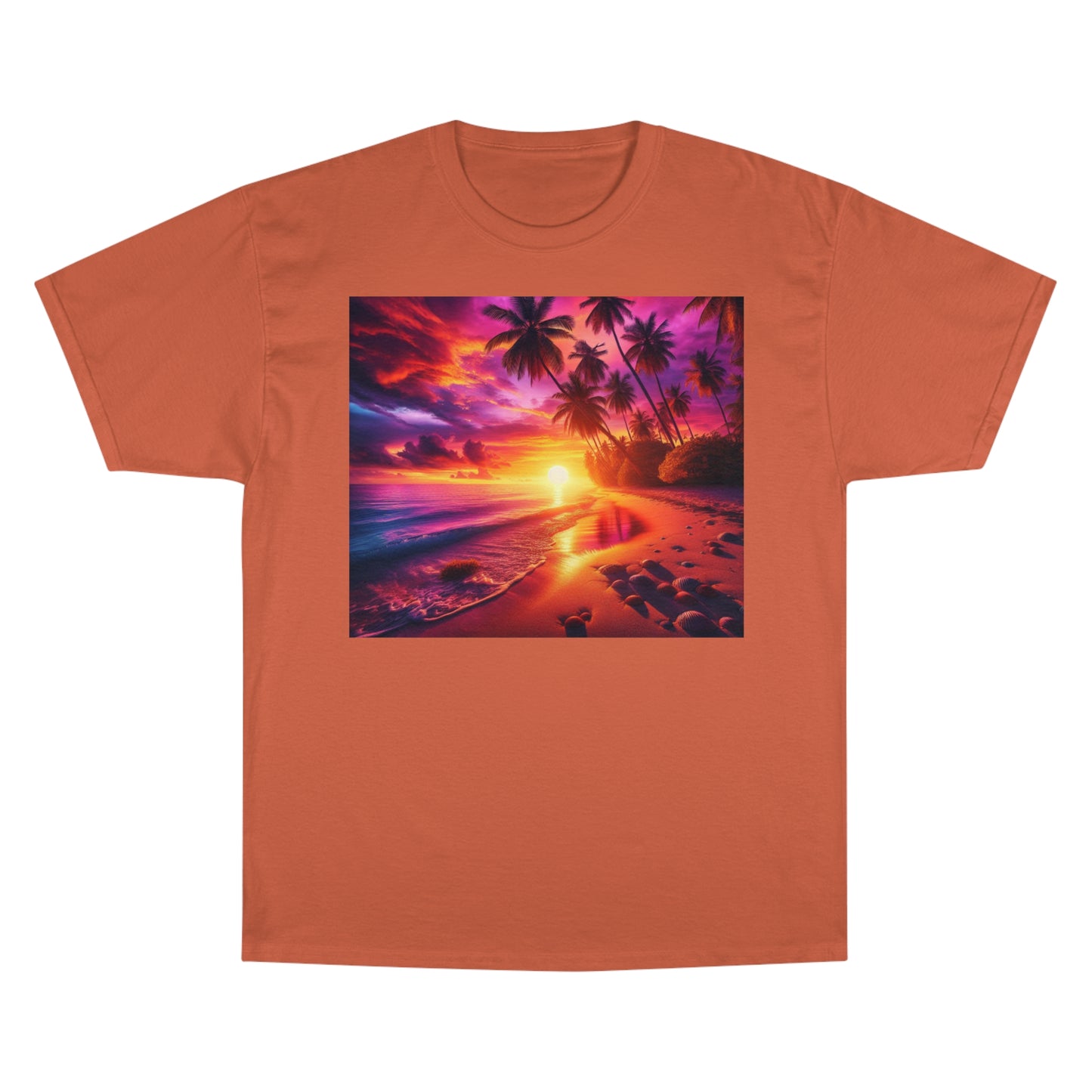 "Paradise Dusk: A Tropical Serenade" - Champion Tee Tropical Beach Sunset with Palm Trees