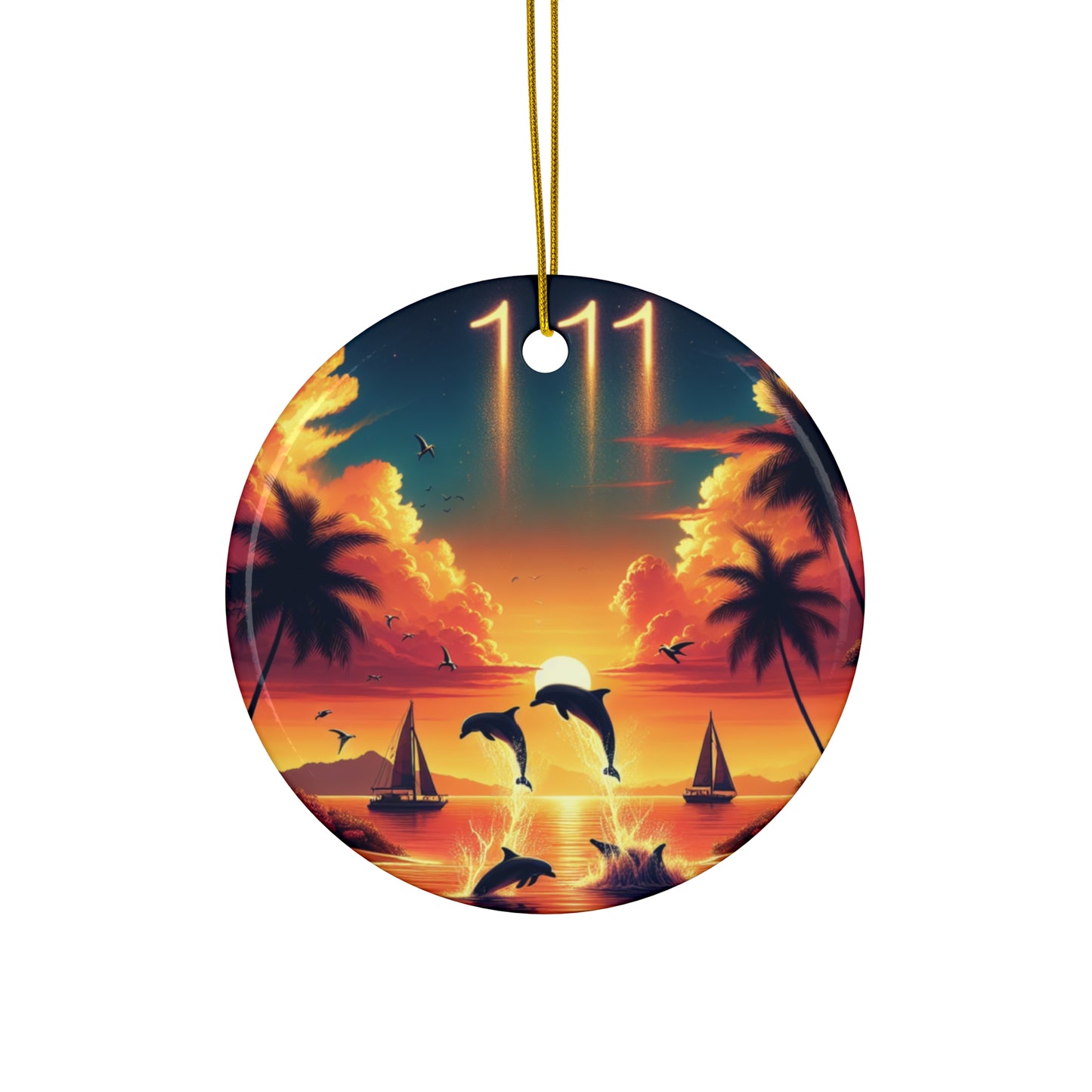 Ceramic Ornament Star, Heart, Snowflake or Circle 1111 "Serene Tropics: A Symphony of Sunset" - Tropical Beach Sunset with Palm Trees