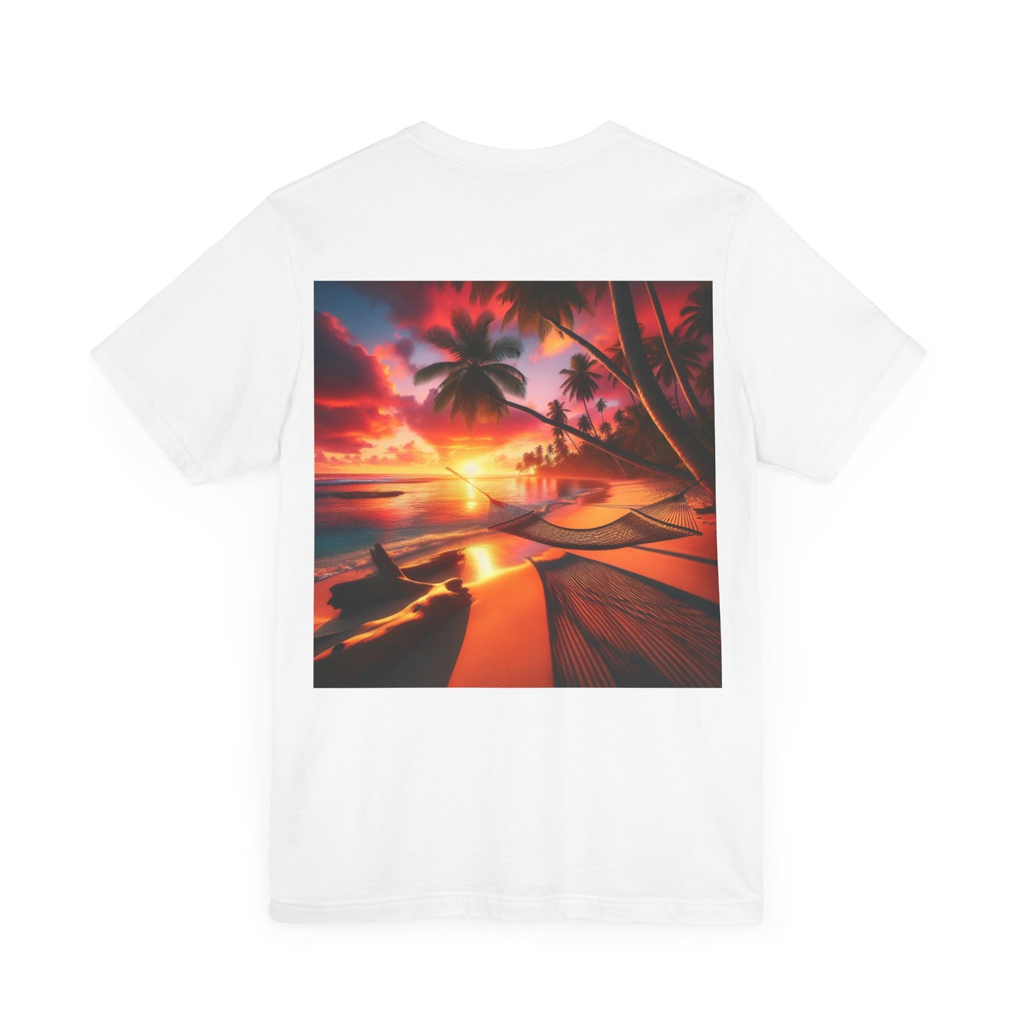 "Paradise Embrace: A Tropical Beach Sunset Symphony" - Tropical Beach Sunset with Palm Trees Unisex Tee