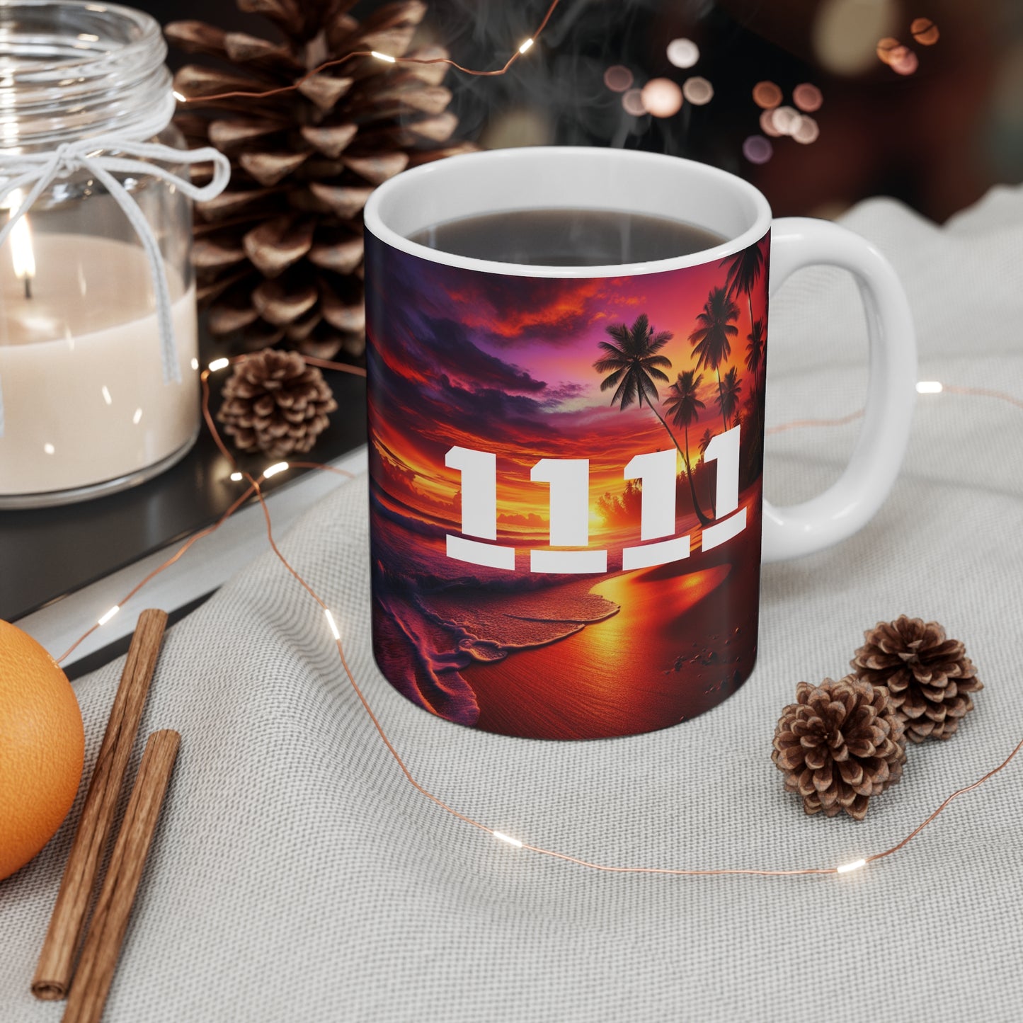 Tropical Sunset Mug, 11oz Coffee Cup with 1111 Angel Numbers, Beach Vibes Drinkware, Summer Gift, Ocean Inspired Tea Mug, Tropical Drink