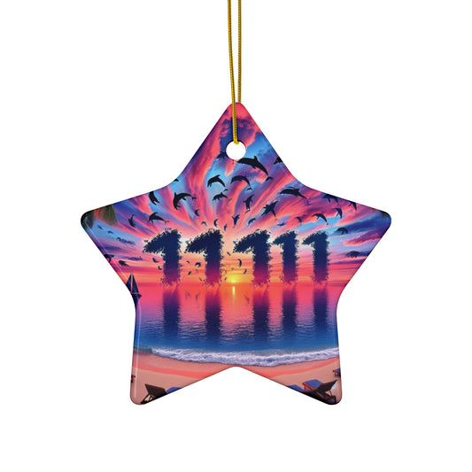 Ceramic Ornament Star, Heart, Snowflake or Circle 1111 "Serenity Sands: A Tropical Sundown Symphony" - Tropical Beach Sunset with Palm Trees, Dolphins, and Sailboats