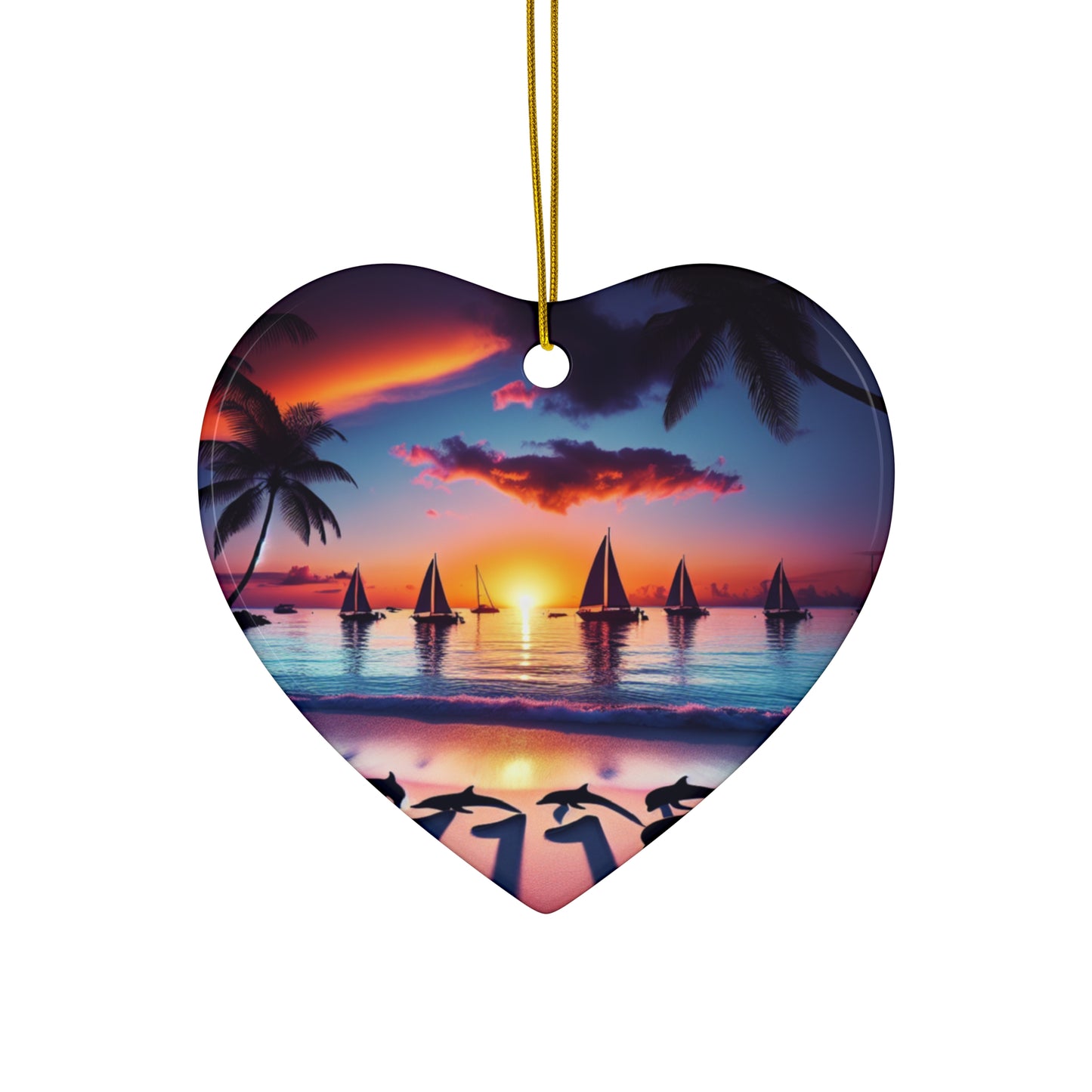 Ceramic Ornament Star, Heart, Snowflake or Circle 1111 "Paradise Serenity: A Tropical Sundown Symphony" - Tropical Beach Sunset with Palm Trees, Dolphins, and Sailboats