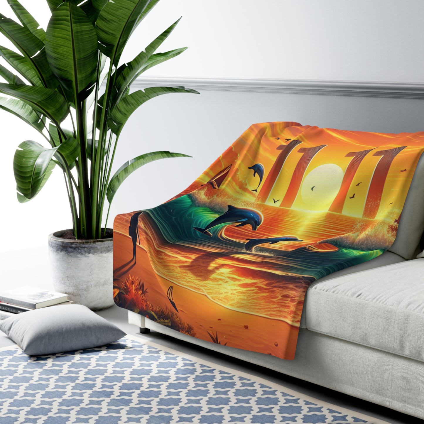 Tropical Beach Sherpa Fleece Blanket - Palm Trees, Dolphins, Sailboats - Angel Number 1111 - Positive Mindset Reminder - Visualization