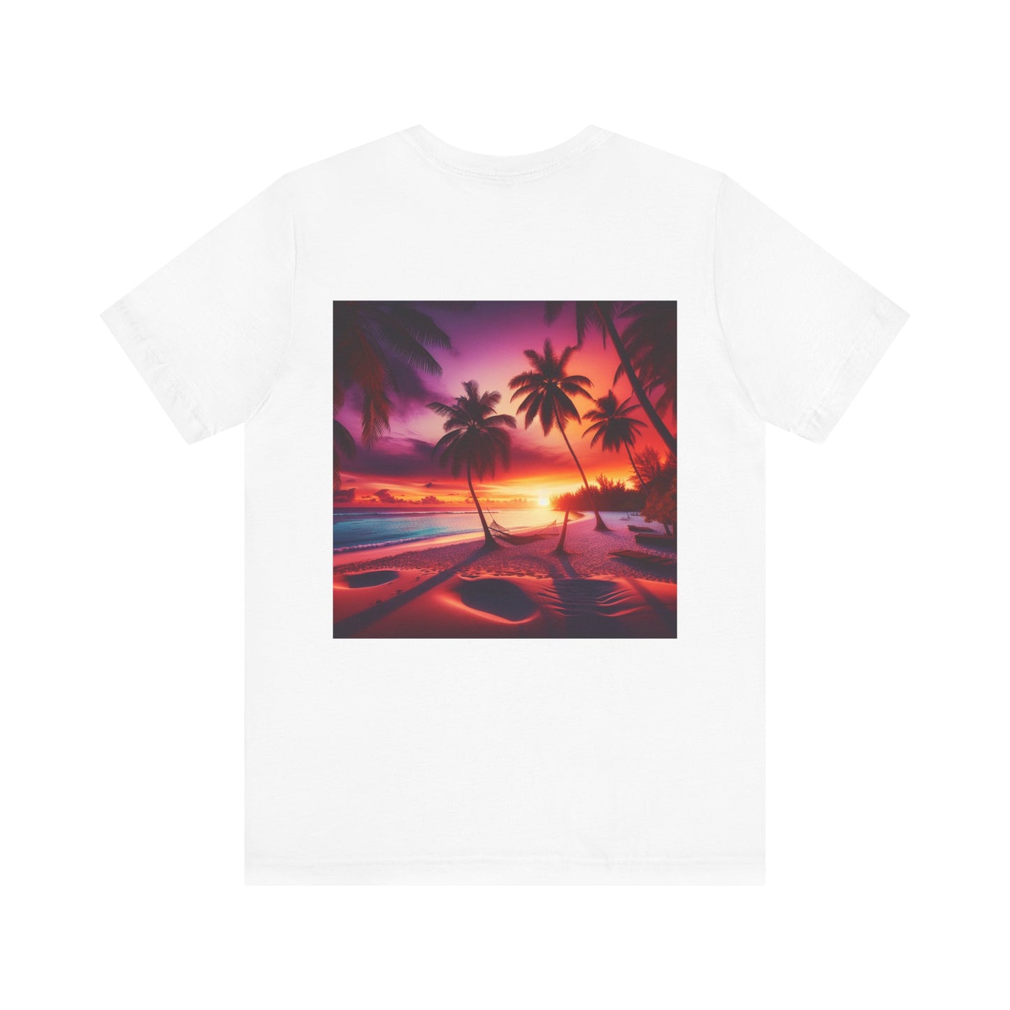 "Paradise Dusk: A Tropical Beach Sunset Symphony" - Tropical Beach Sunset with Palm Trees Unisex Jersey T-Shirt