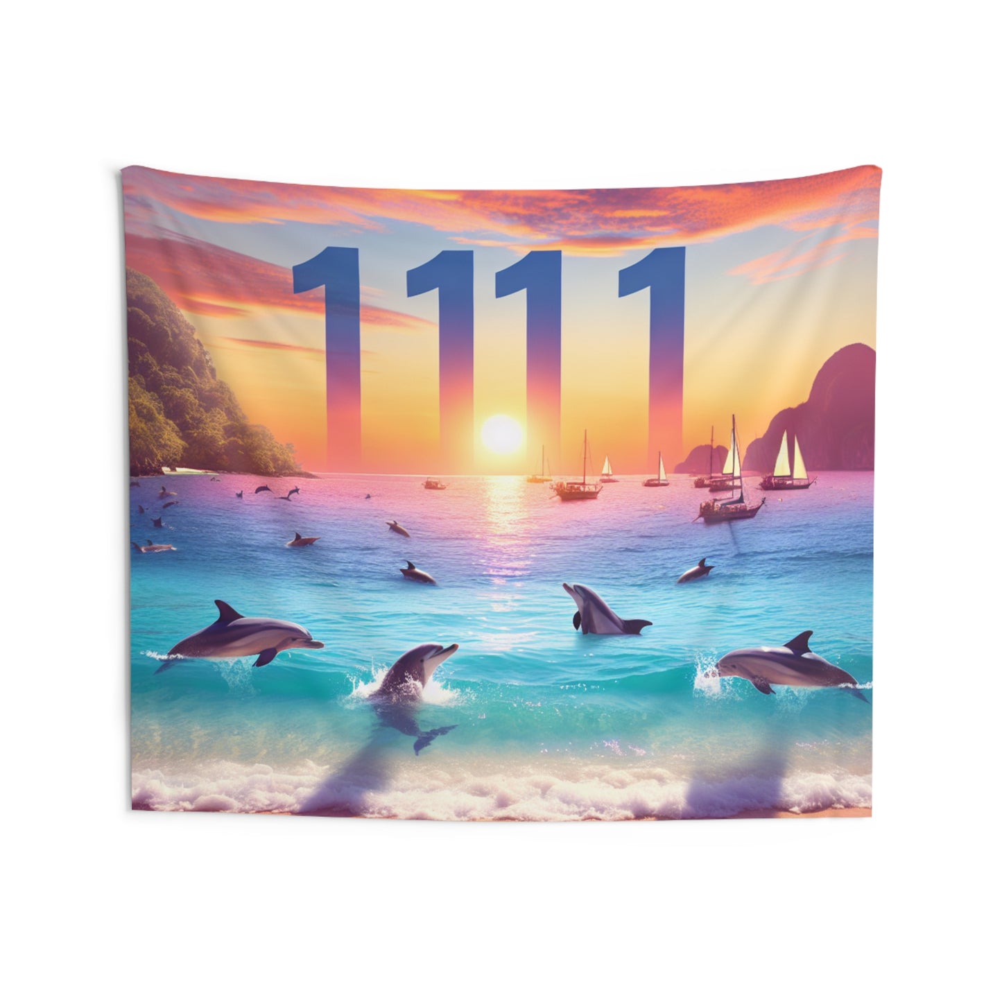 Tropical Beach Dolphin Sailboat Sunset Wall Tapestry with Angel Number 1111, Positive Mindset Reminder, Visualization Goals Gift