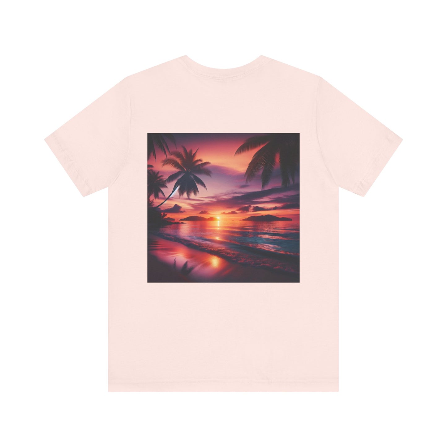 "Paradise Dusk: A Symphonic Blend of Sun, Sand & Serenity" - Tropical Beach Sunset with Palm Trees Unisex Jersey Tee