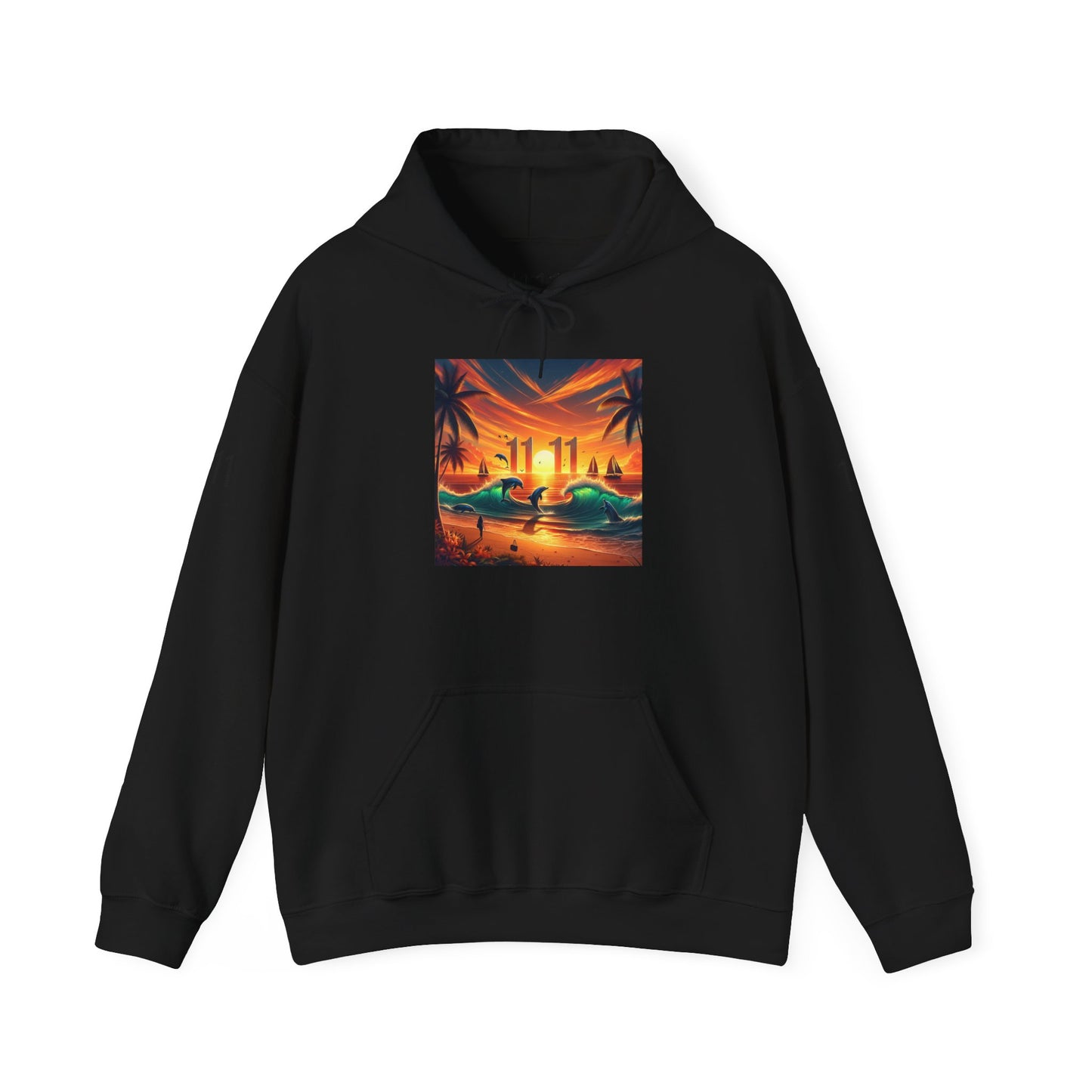 Tropical Beach Sunset Hoodie, Angel Number 11111 Spiritual Journey Unisex Sweatshirt, Beach Lovers Gift, Palm Trees Sailboats Dolphins New,