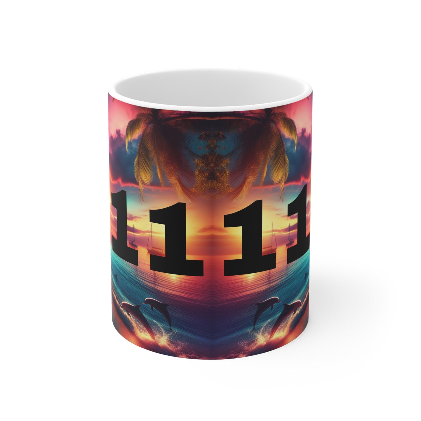 Tropical Beach Sunset 11oz Mug - Palm Trees, Sailboats, Dolphins - 1111 Angel Number, Gift for Ocean Lovers, Coffee Cup, Tea Mug, Novelty