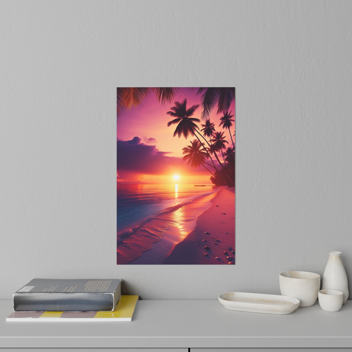 "Paradise Twilight: Palm Silhouettes on Azure Canvases" - Tropical Beach at Sunset Repositionanable Wall Art