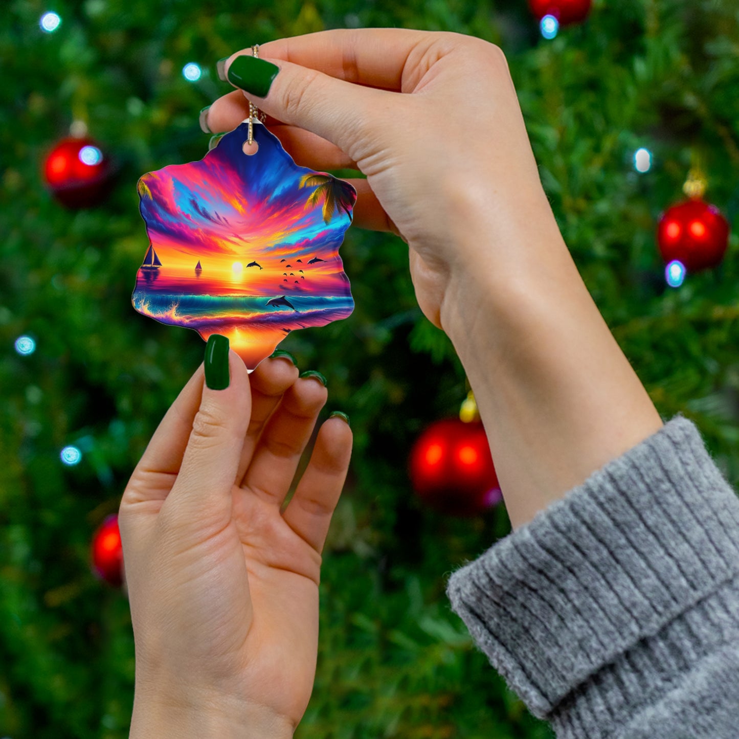 Ceramic Ornament - Tropical Beach Sunset Star, Heart, Snowflake, Circle, Dolphins, Sailboats - Holiday Christmas Tree Decoration, Gift for
