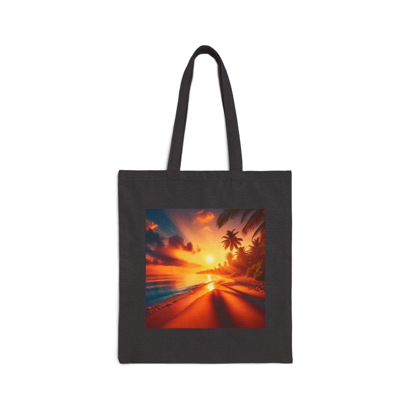 "Paradise Dreams: A Tropical Dusk Symphony" - Natural or Black Cotton Canvas Tote Bag with Tropical Beach Sunset and Palm Trees