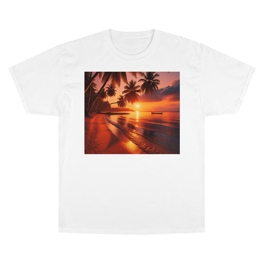 "Paradise Serenity: A Tropical Sunset Symphony" - Champion Tee Tropical Beach Sunset with Palm Trees