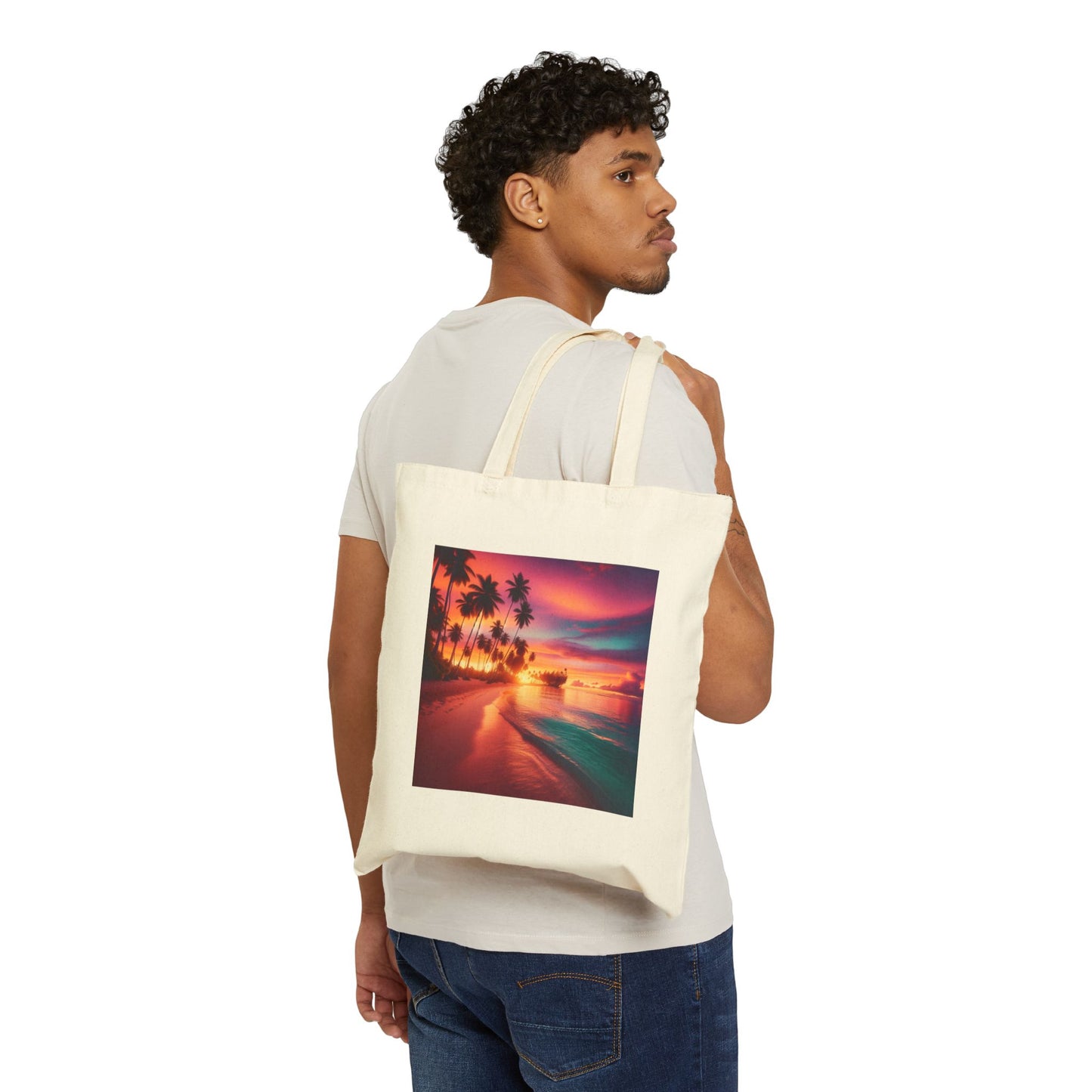 "Dusk Paradise: A Tropical Twilight Symphony" - Natural or Black Cotton Canvas Tote Bag with Tropical Beach Sunset and Palm Trees