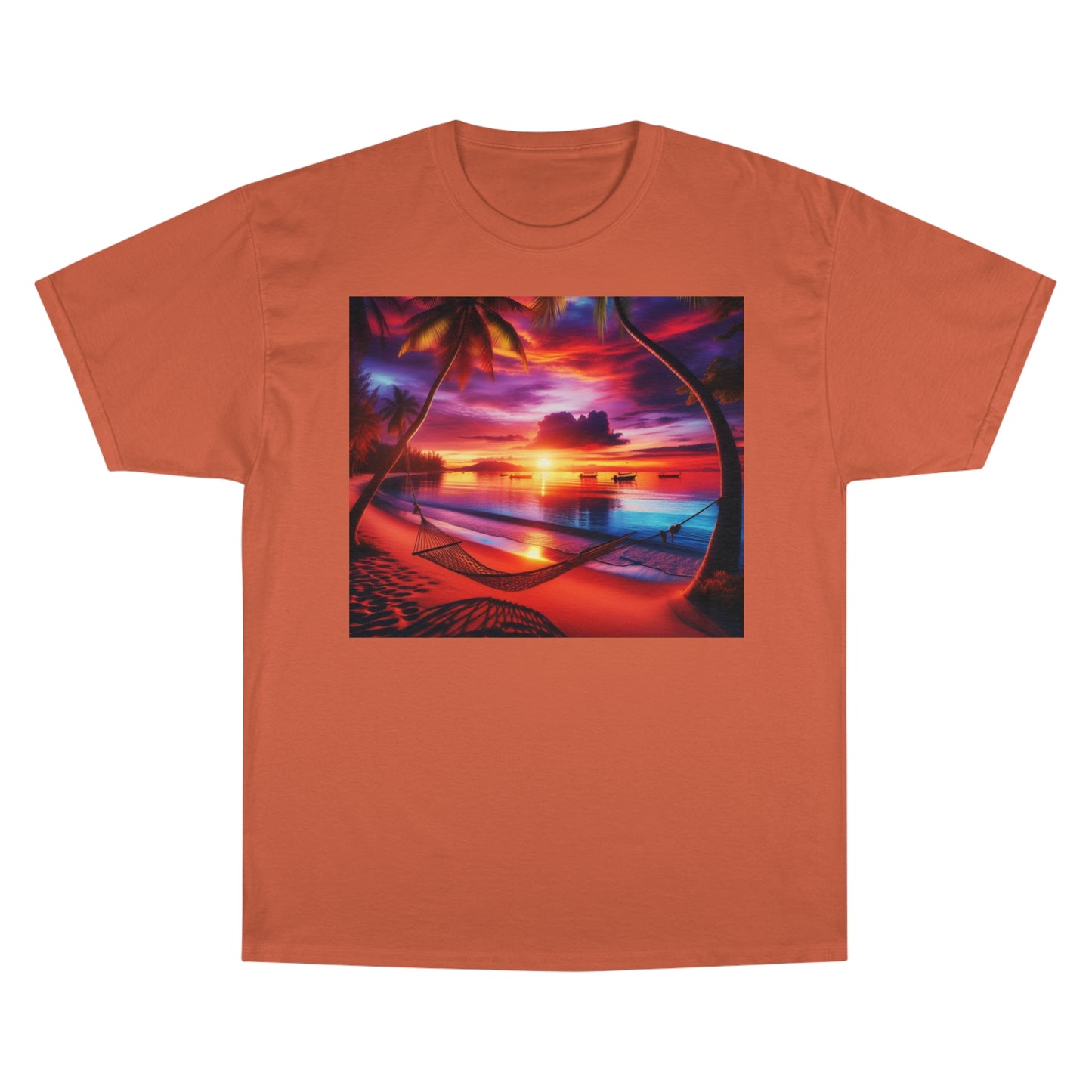 "Serenity Sands - The Aura of Tropical Twilight" - Champion Tee Tropical Beach Sunset with Palm Trees