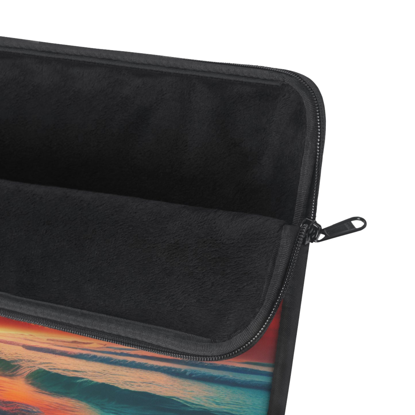 "Paradise Serenade: An Amber Sky Symphony" - Laptop Sleeve with Tropical Beach Sunset with Palm Trees Art