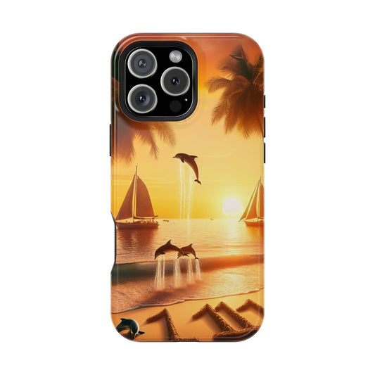 Magnetic Tough Phone case for phone 16 15 14 13 Pro Plus and Max  1111 "Sundrenched Palms: A Tropical Twilight Masterpiece" - Tough Phone Case with Tropical Beach Sunset Dolphins ande Sailboats HD Art