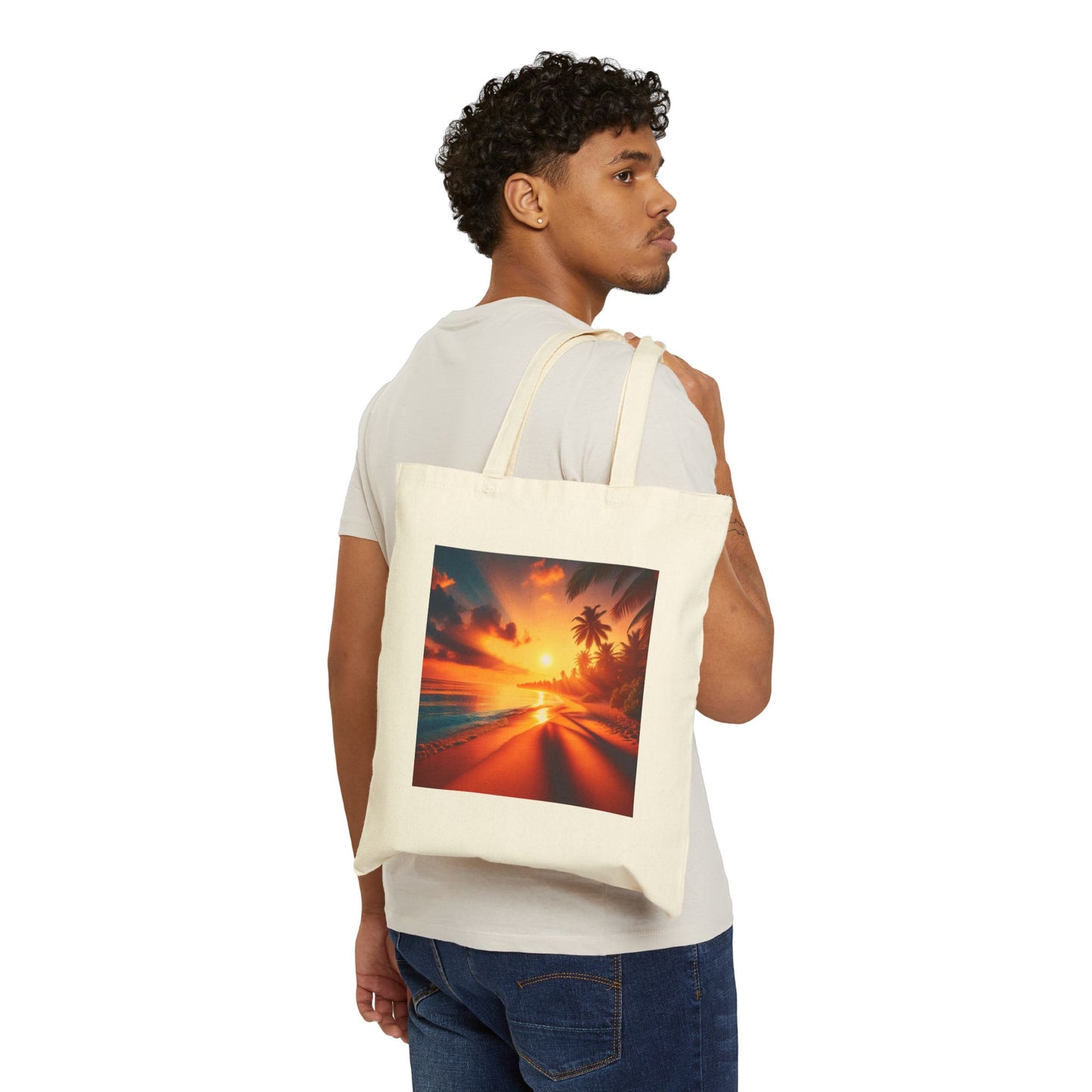 "Paradise Dreams: A Tropical Dusk Symphony" - Natural or Black Cotton Canvas Tote Bag with Tropical Beach Sunset and Palm Trees