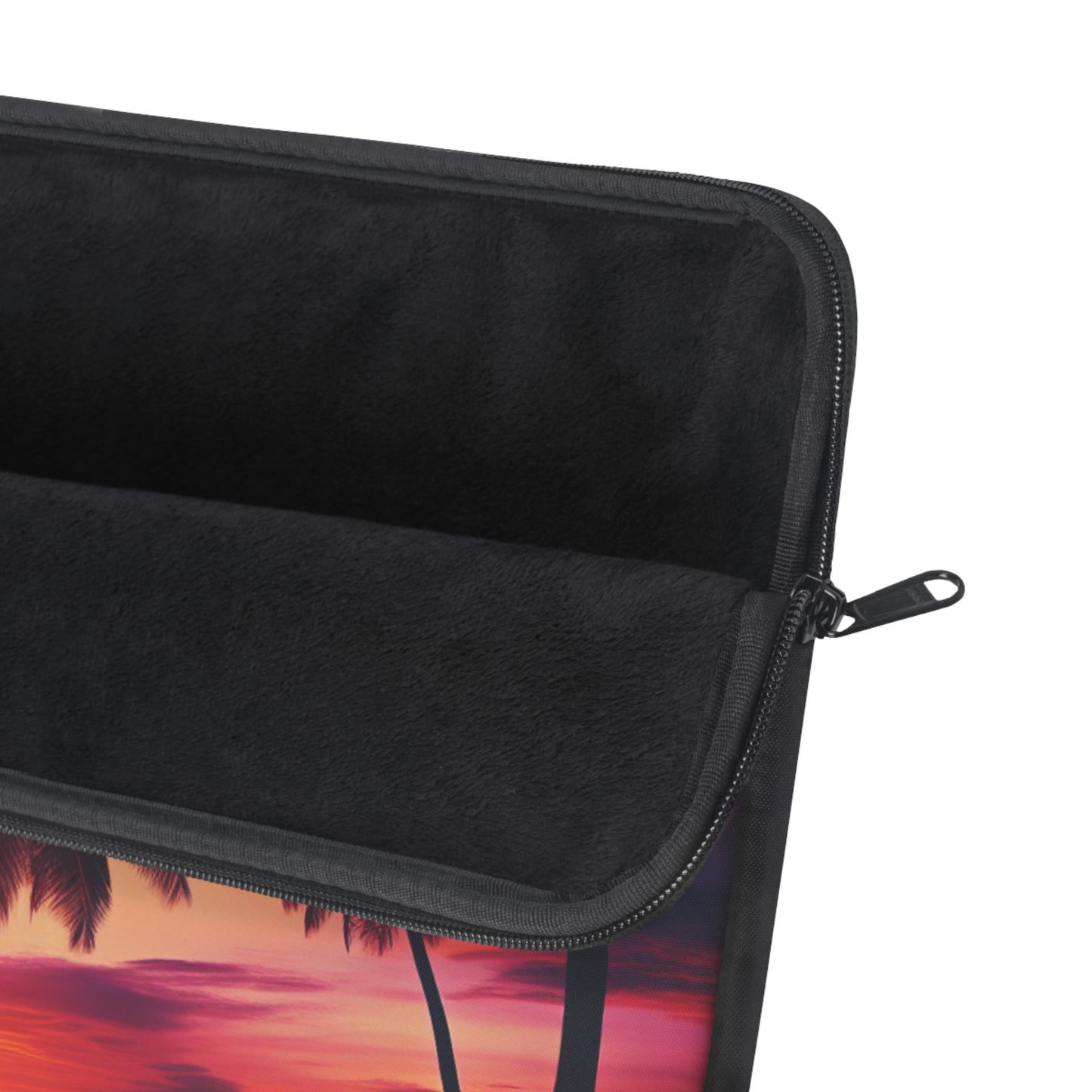 "Paradise Bliss: Tropical Sunset Serenade" - Laptop Sleeve with Tropical Beach Sunset with Palm Trees Art