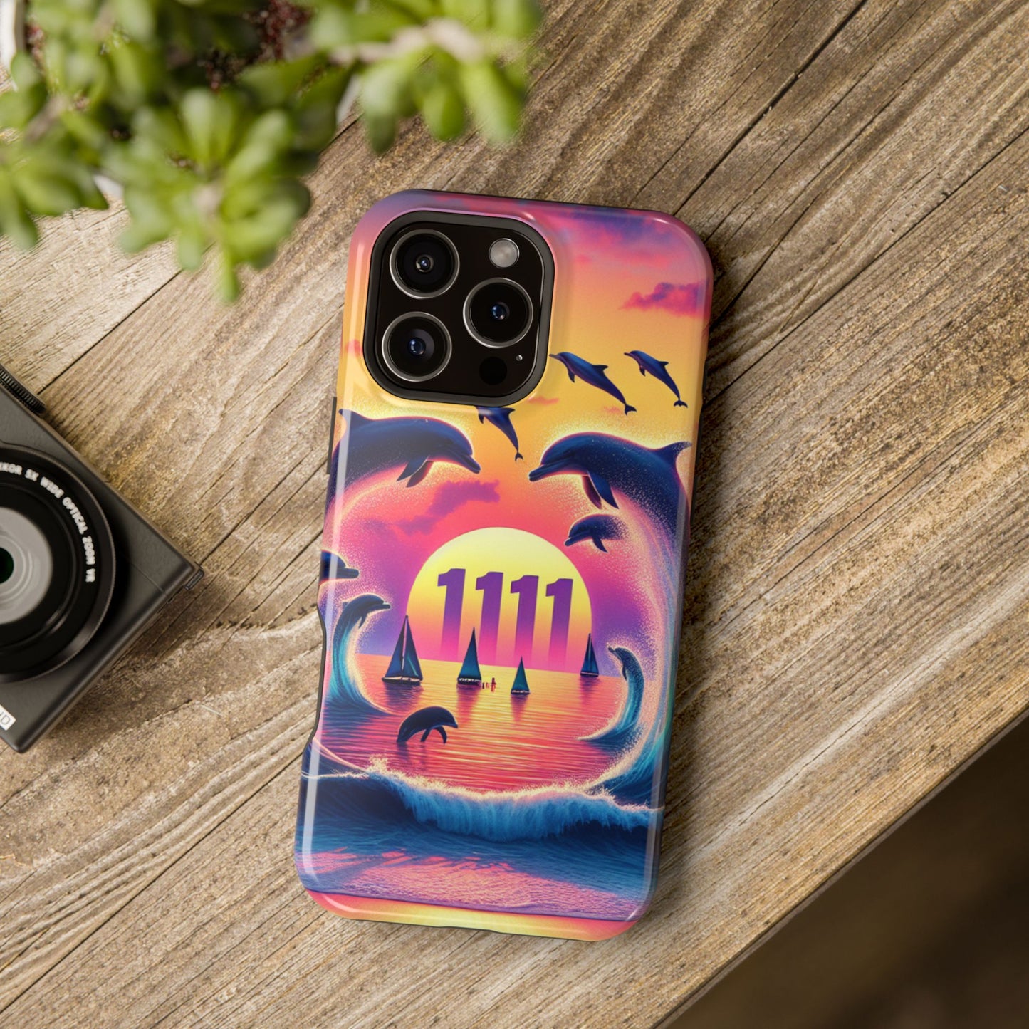 Magnetic Iphone 13-16 Pro and Max 1111 "Paradise Twilight: An Ode to Tropical Serenity" - Tough Phone Case with Tropical Beach Sunset Dolphins ande Sailboats HD Art