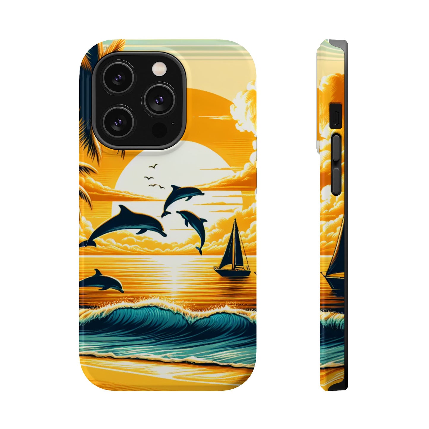 Magnetic Tough Phone case for phone 16 15 14 13 Pro Plus and Max 1111 "Sundrenched Serenity: An Enchanting Tropical Sunset" - Tough Phone Case with Tropical Beach Sunset Dolphins ande Sailboats HD Art