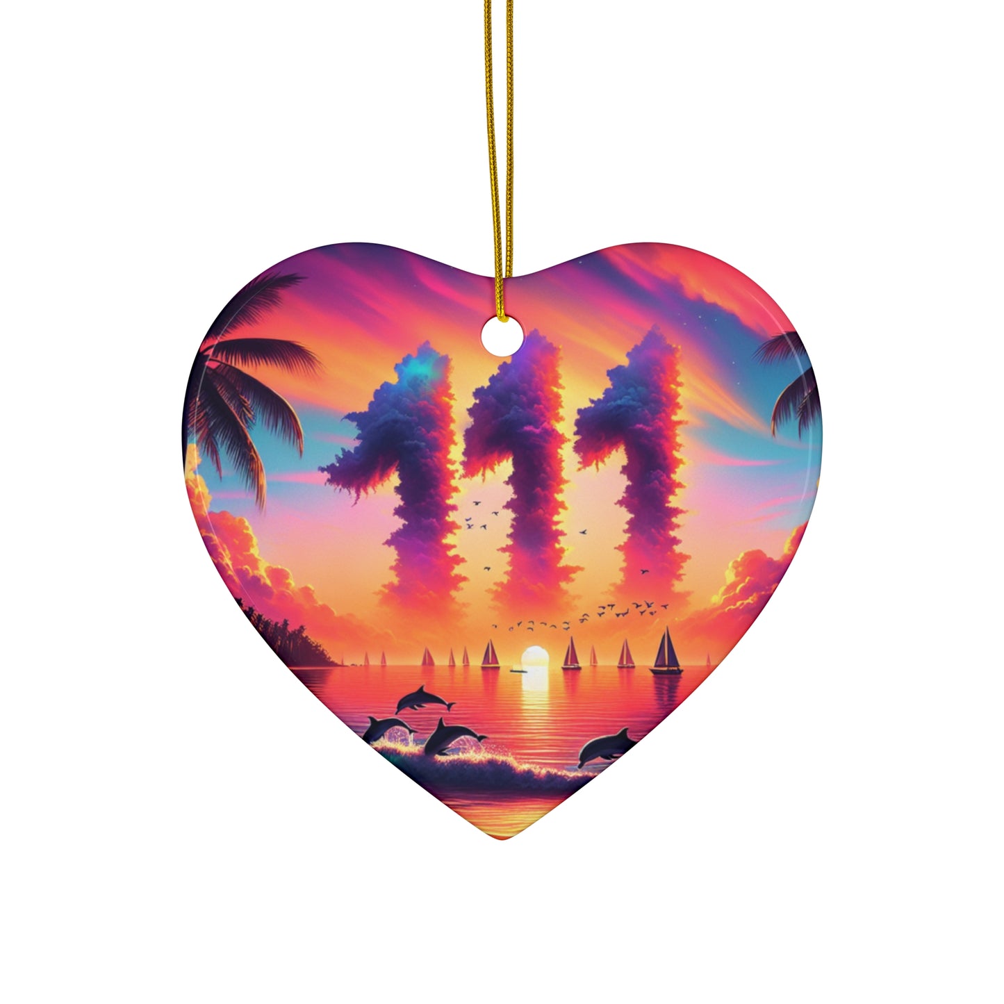 Ceramic Ornament Star, Heart, Snowflake or Circle 1111 "Paradise Dusk: An Ode to the Tropical Serenity" - Tropical Beach Sunset with Palm Trees, Dolphins, and Sailboats