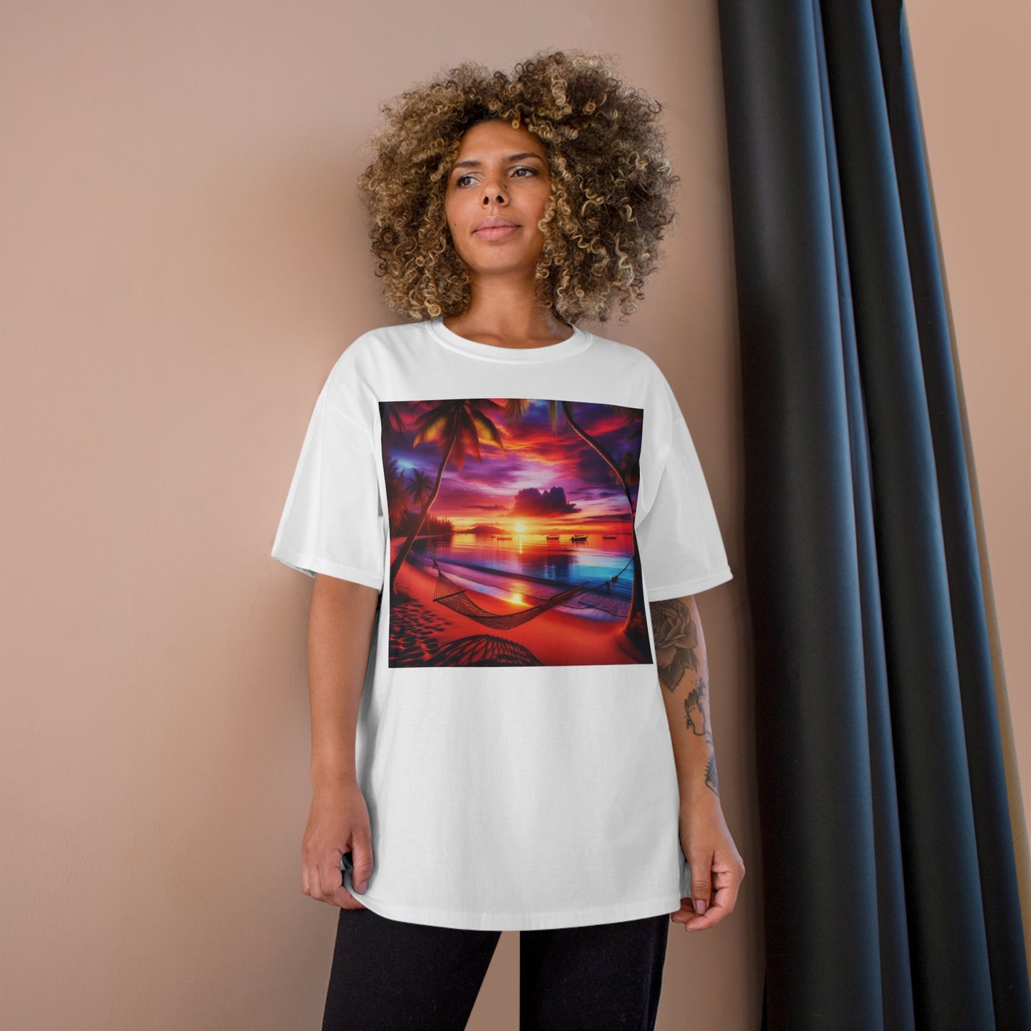 "Serenity Sands - The Aura of Tropical Twilight" - Champion Tee Tropical Beach Sunset with Palm Trees