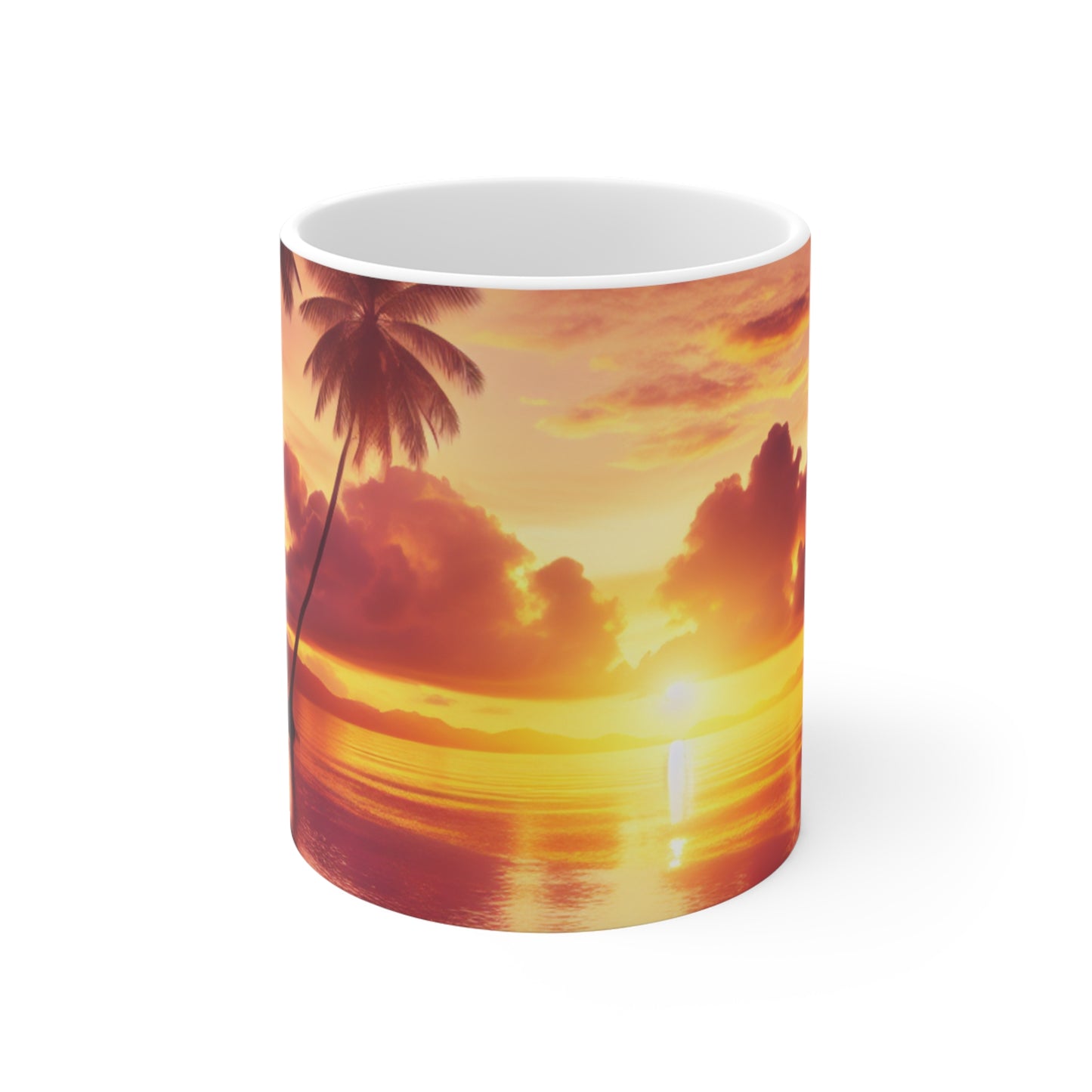 "Paradise Serenade: A Tropical Sunset Symphony" - Tropical Beach Sunset with Palm Trees 11oz White Mugs