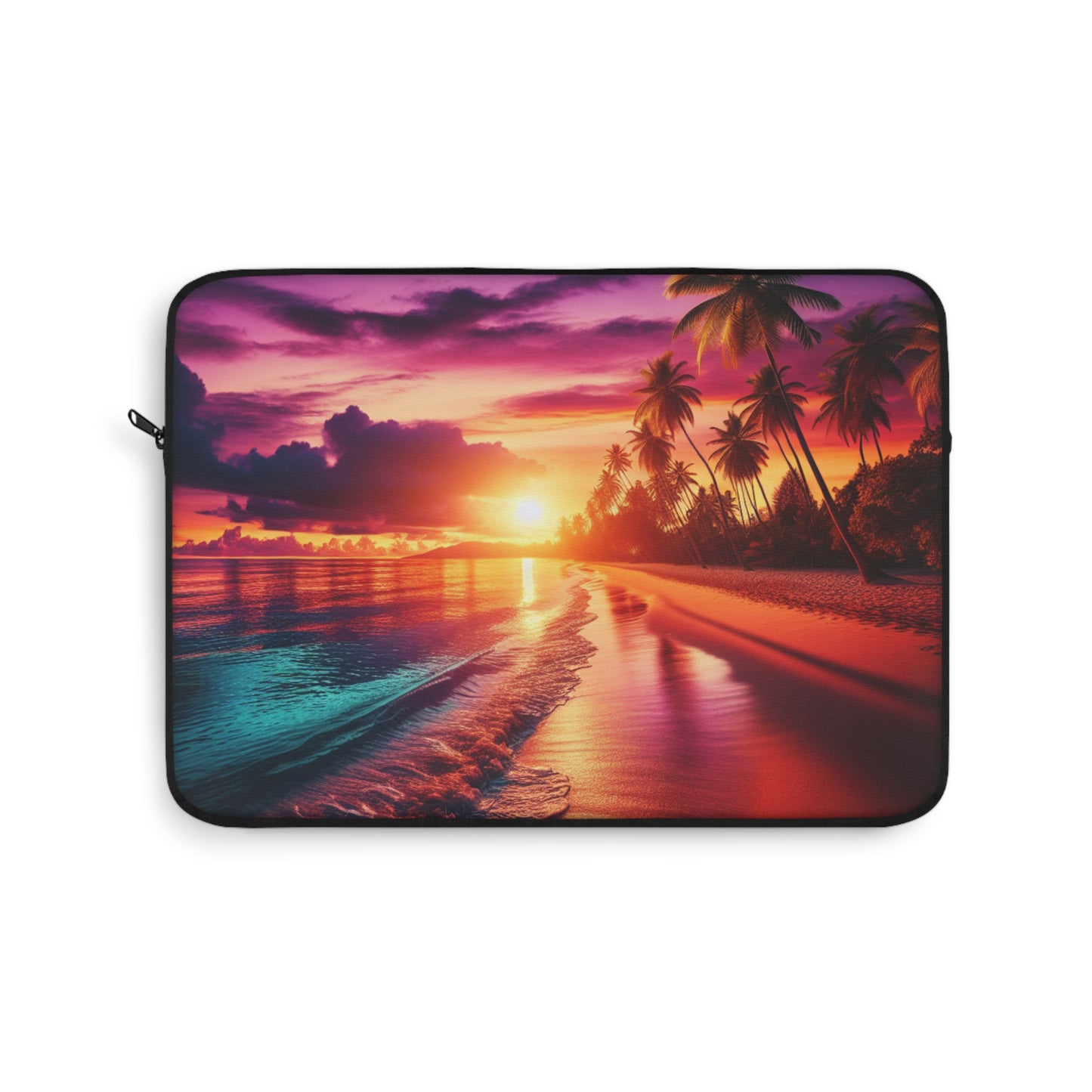 "Paradise Bliss: A Tropical Sundown Symphony" - Laptop Sleeve with Tropical Beach Sunset with Palm Trees Art