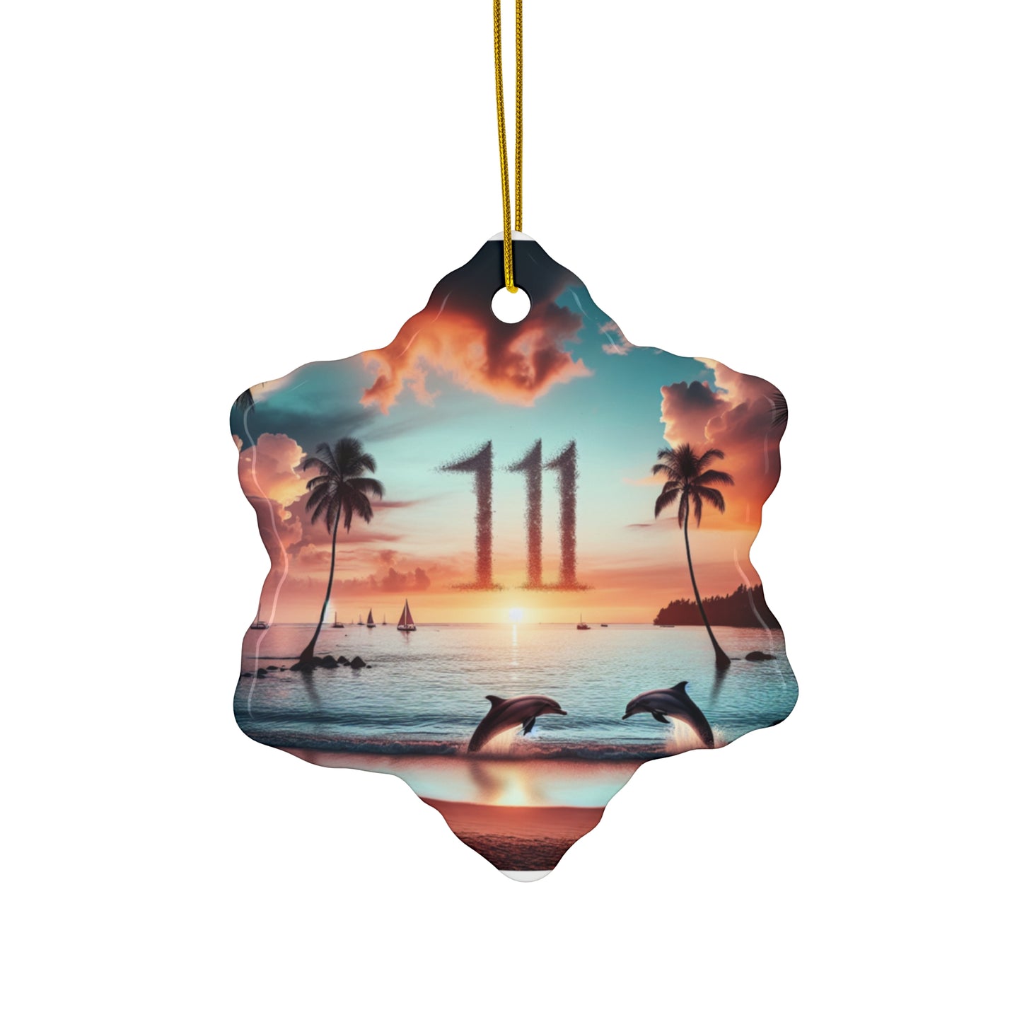 Ceramic Ornament Star, Heart, Snowflake or Circle 1111 "Paradise Twilight: A Tropical Beach Serenade" - Tropical Beach Sunset with Palm Trees