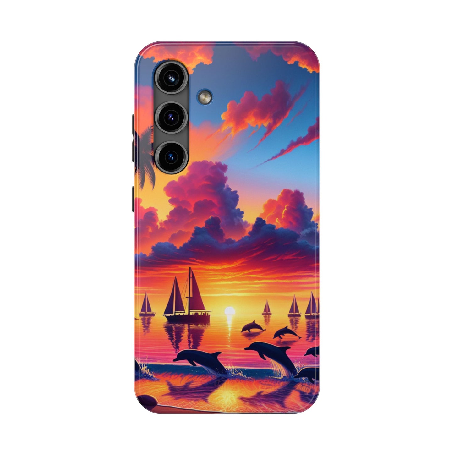 Samsung Galaxy S24 S23 S22 S21 Tough Phone Case "Serenity Sands: A Tropical Sunset Masterpiece" - 1111 Tropical Beach Palm Trees, Dolphins, and Sailboats Art