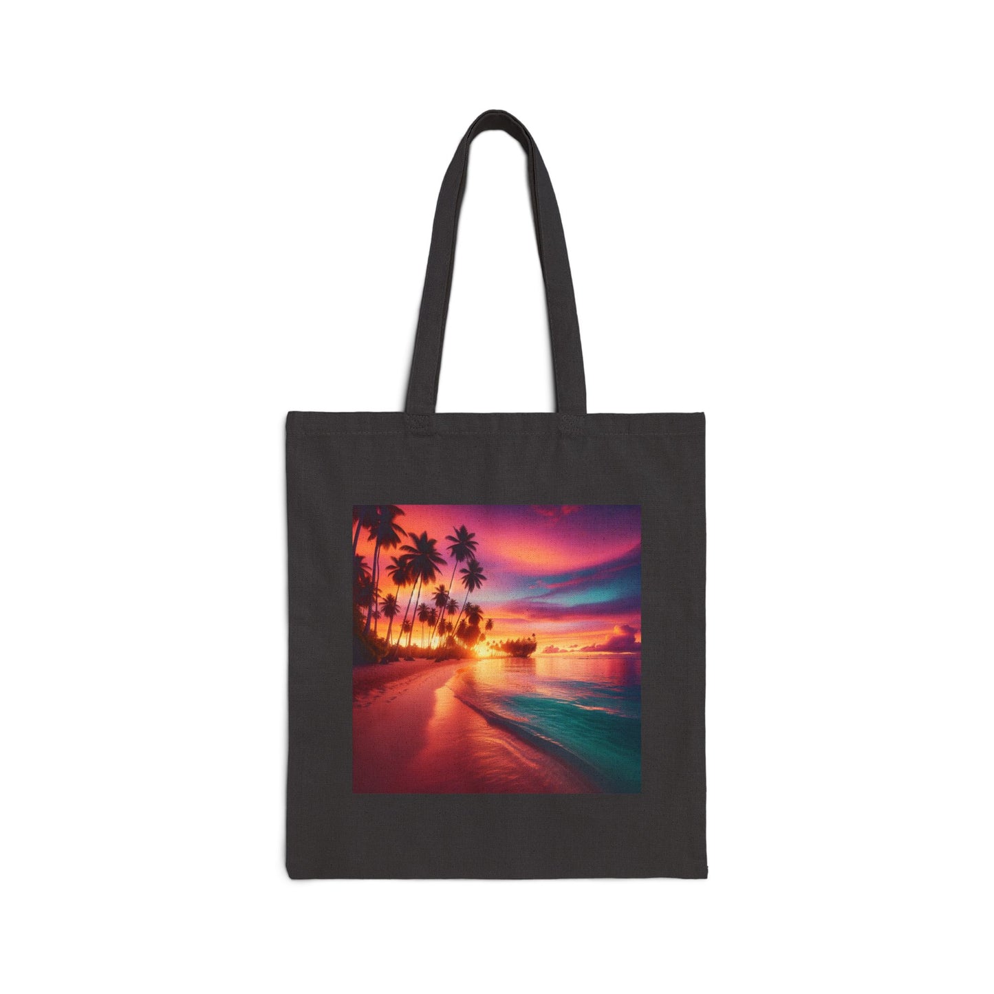 "Dusk Paradise: A Tropical Twilight Symphony" - Natural or Black Cotton Canvas Tote Bag with Tropical Beach Sunset and Palm Trees