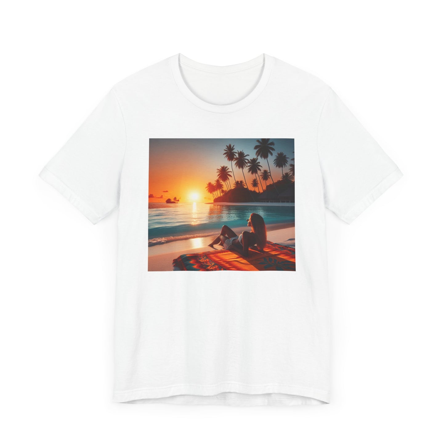 "Serene Solitude: An Exotic Sunset Symphony" - Tropical Beach Sunset with Palm Trees Unisex Jersey T-Shirt