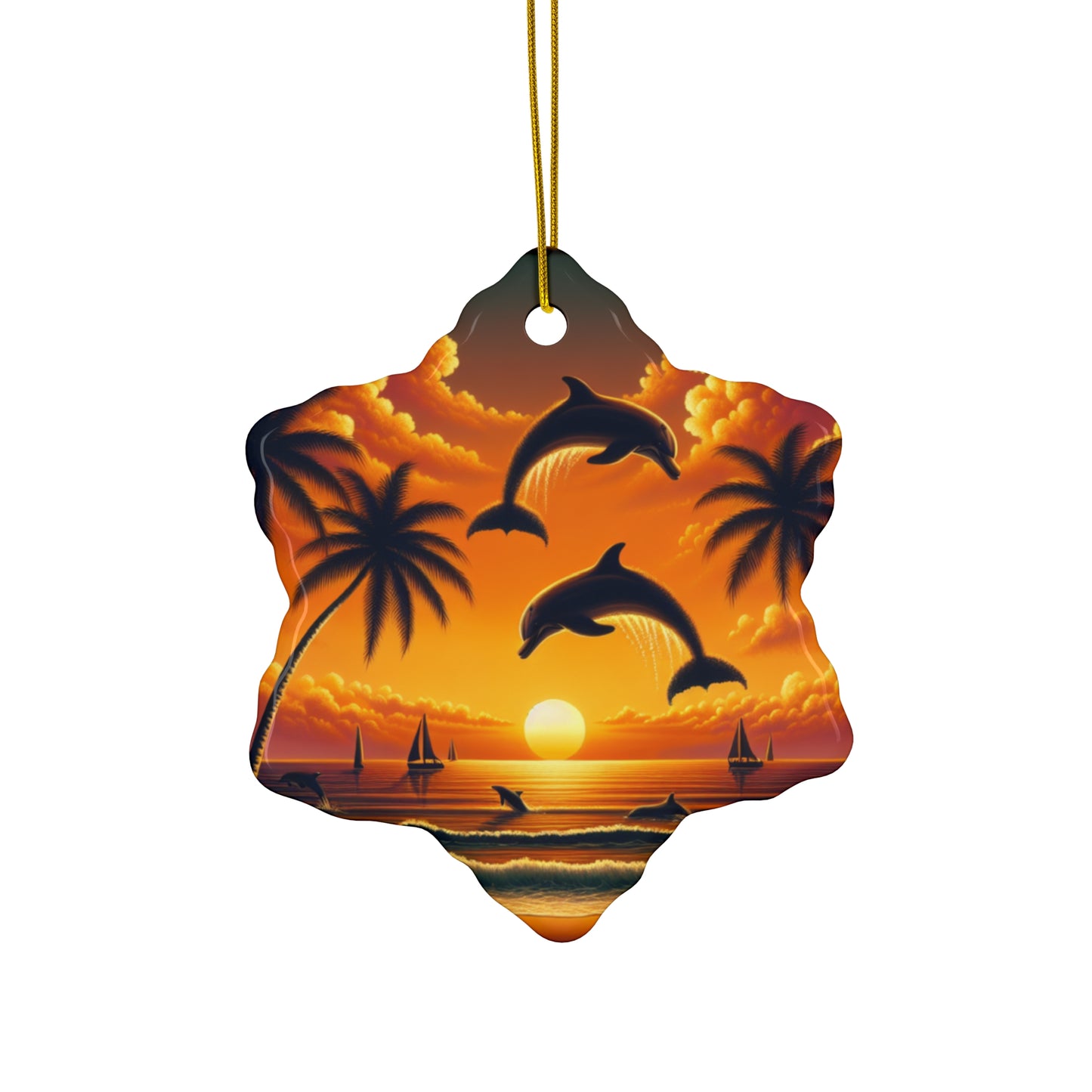 Ceramic Ornament Star, Heart, Snowflake or Circle 1111 "Paradise Found: Tropics at Twilight" - Tropical Beach Sunset with Palm Trees, Dolphins, and Sailboats