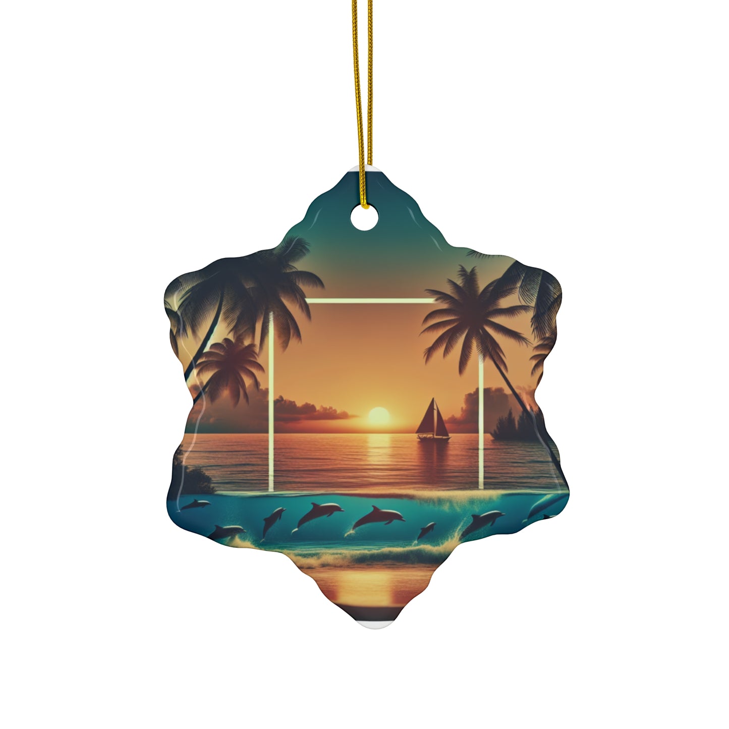 Ceramic Ornament Star, Heart, Snowflake or Circle 1111 "Sunkissed Serenity: Tropical Beach Sunset" - Tropical Beach Sunset with Palm Trees, Dolphins, and Sailboats