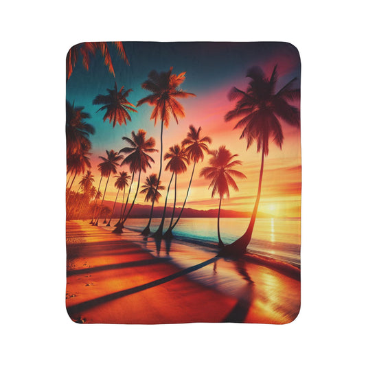 "Paradise Serenade: A Tropical Sunset Symphony" - Sherpa Fleece Blanket with Tropical Beach Sunset and Palm Trees