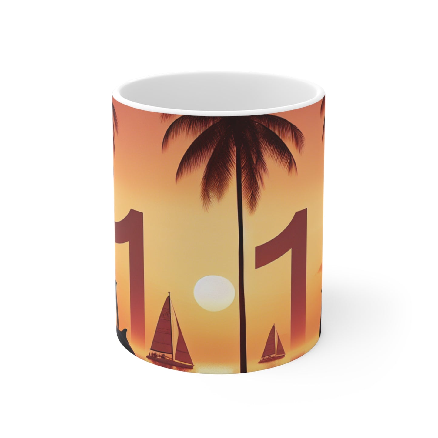 11oz Mug 1111 "Serene Horizons: Dolphin Paradise under Angelic Skies 1111" - Tropical Beach Sunset with Palm Trees Dolphins and Sailboats