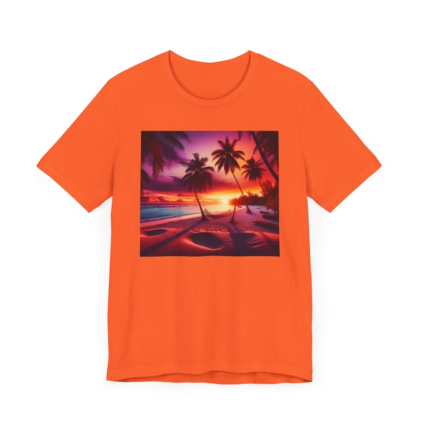 "Paradise Dusk: A Tropical Beach Sunset Symphony" - Tropical Beach Sunset with Palm Trees Unisex Jersey T-Shirt