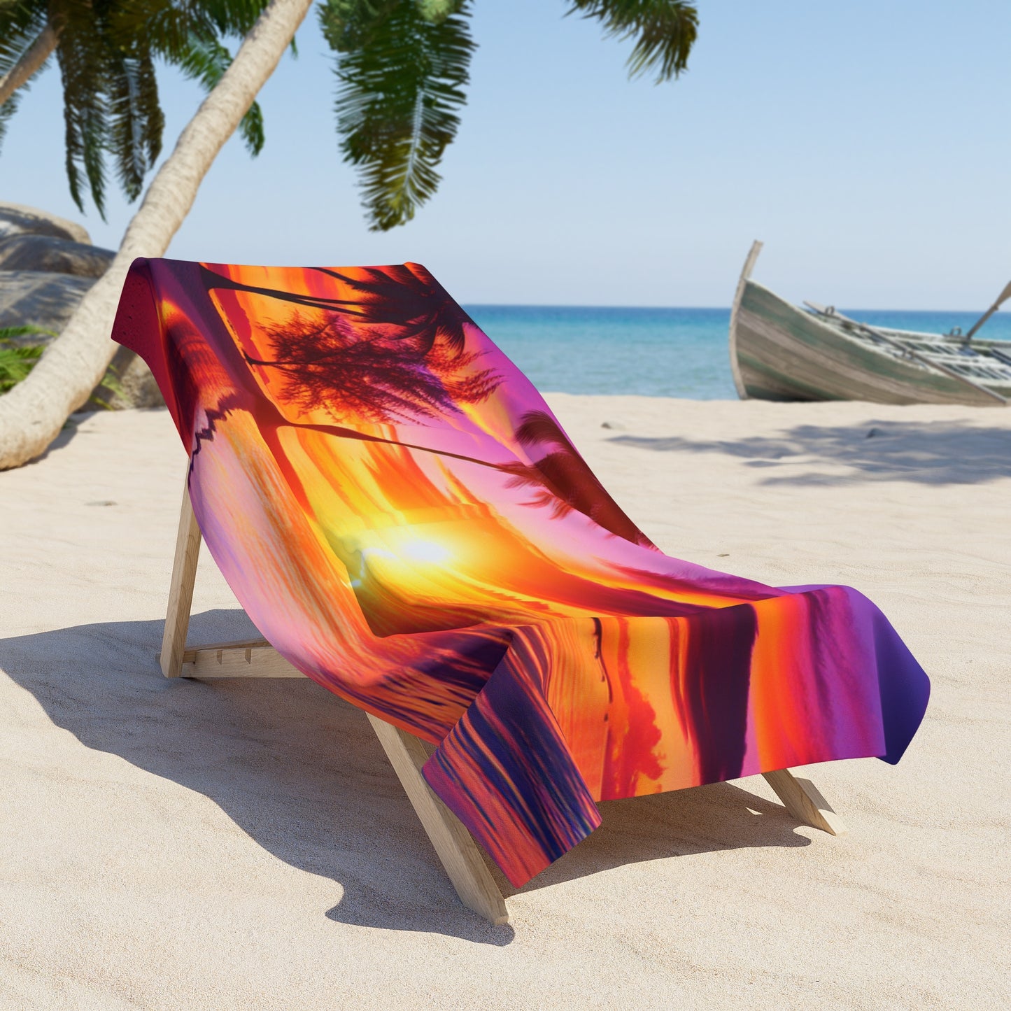 "Paradise Twilight: A Tropical Beach Symphony" - Tropical Beach Sunset with Palm Trees Beach Towel