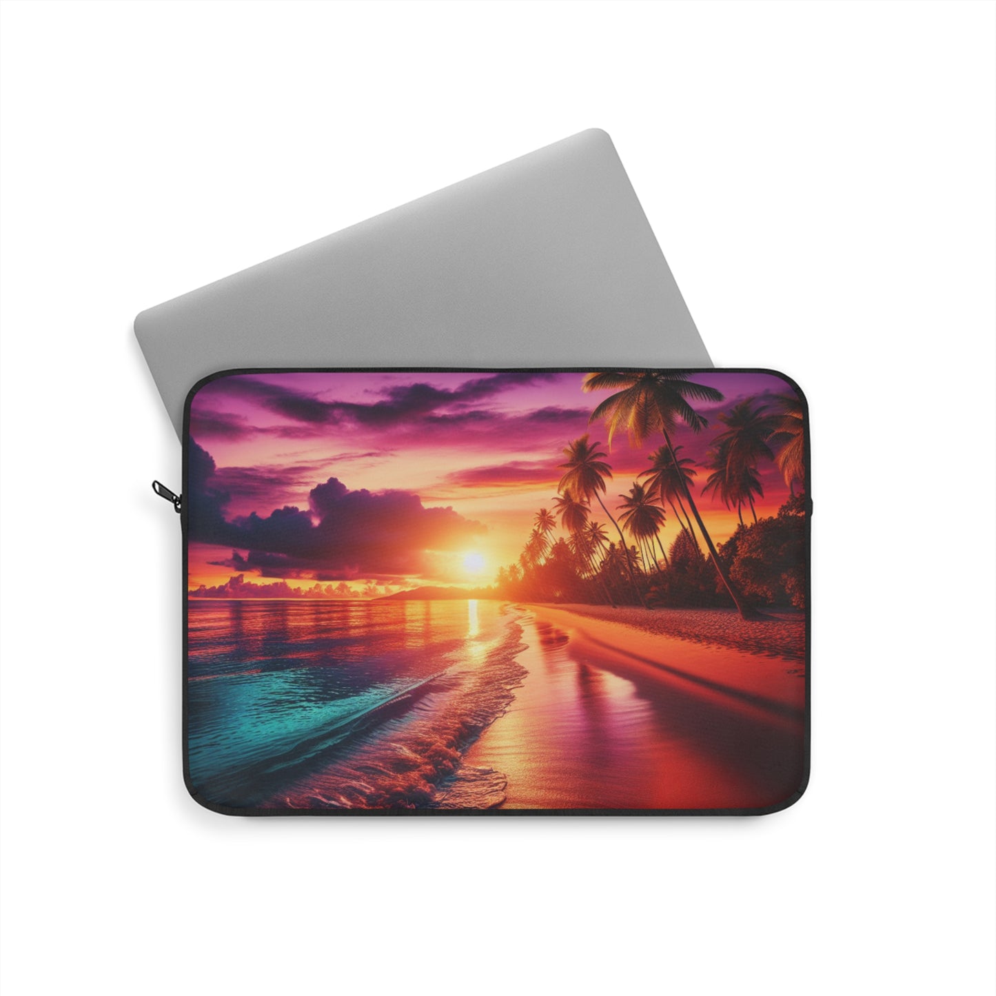 "Paradise Bliss: A Tropical Sundown Symphony" - Laptop Sleeve with Tropical Beach Sunset with Palm Trees Art