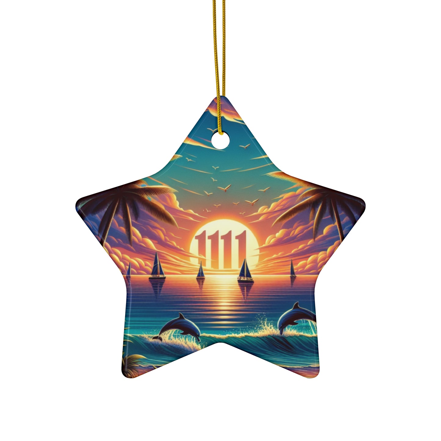 Ceramic Ornament Star, Heart, Snowflake or Circle 1111 "Paradise Kissed: Tropical Twilight" - Tropical Beach Sunset with Palm Trees, Dolphins, and Sailboats