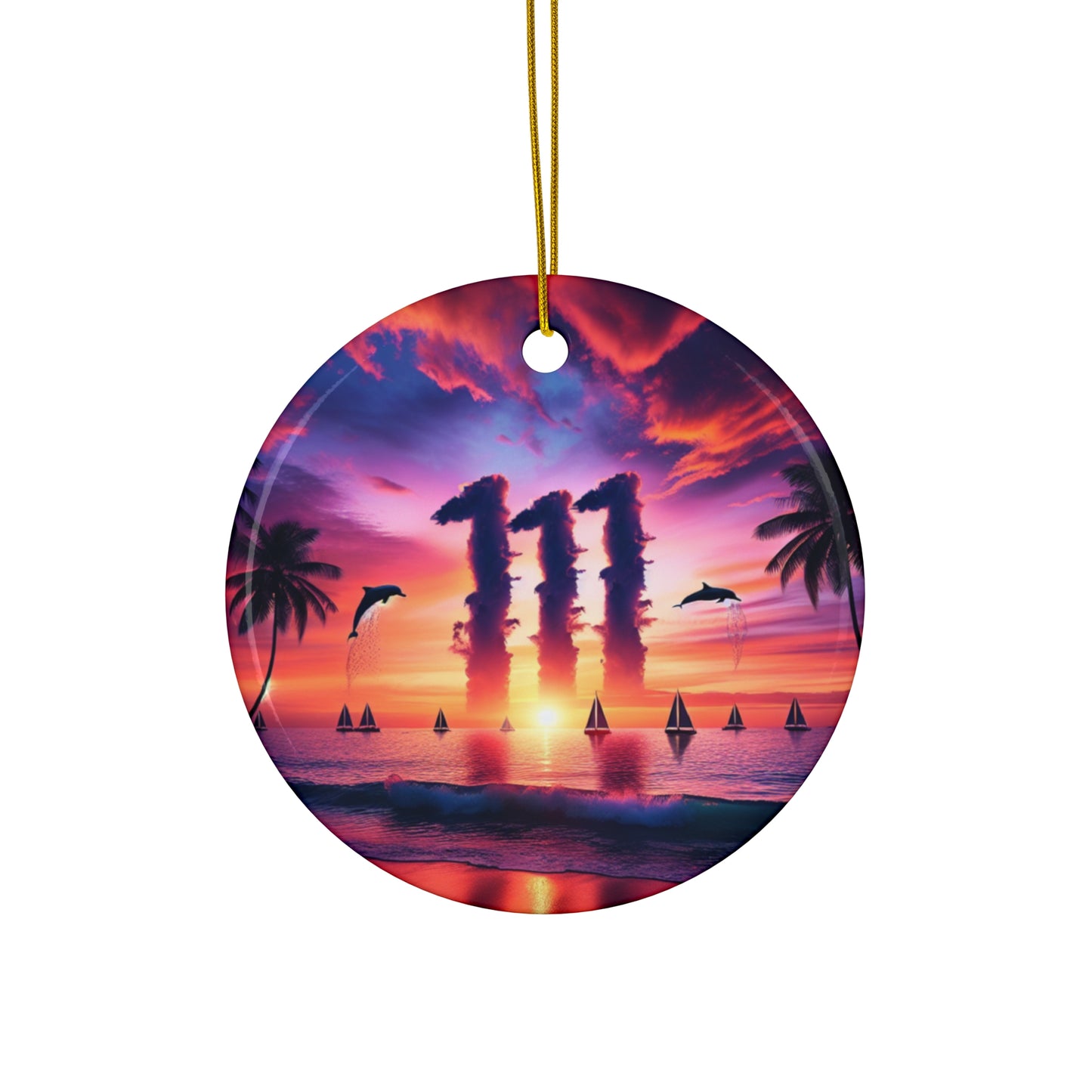 Ceramic Ornament Star, Heart, Snowflake or Circle 1111 "Paradise Twilight: A Tropical Serenade" - Tropical Beach Sunset with Palm Trees, Dolphins, and Sailboats