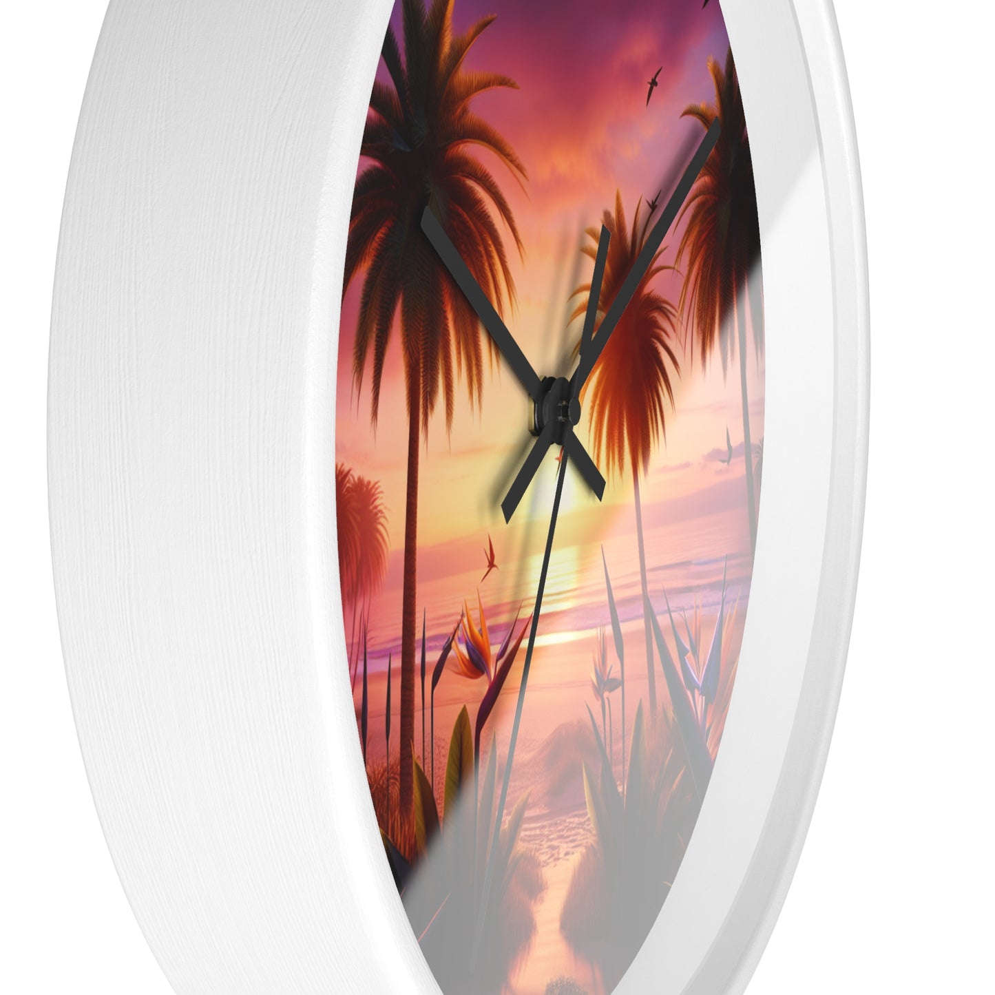 "Sunkissed Serenity: A Tropical Twilight Tapestry" - Tropical Beach at Sunset 10" Wall Art Clock