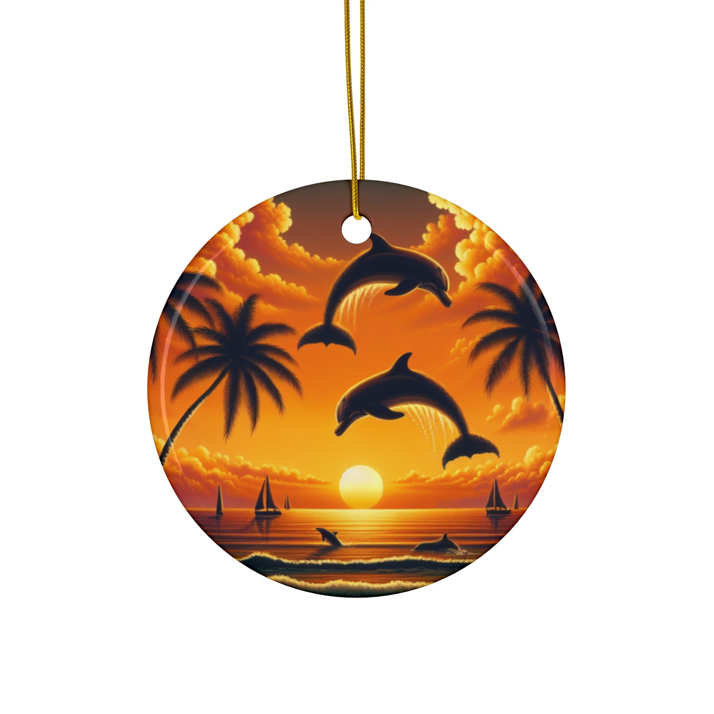 Ceramic Ornament Star, Heart, Snowflake or Circle 1111 "Paradise Found: Tropics at Twilight" - Tropical Beach Sunset with Palm Trees, Dolphins, and Sailboats