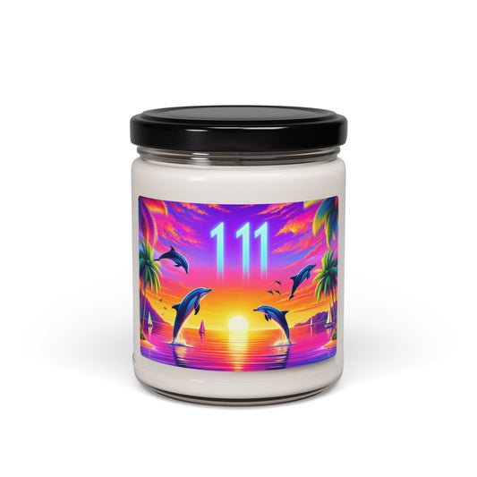 Scented Candle 9 Flavors "Dolphin Dusk: Paradise Shores Sunset Symphony" - 1111 Tropical Beach Sunset with Palm Trees, Dolphins, and Sailboats Art