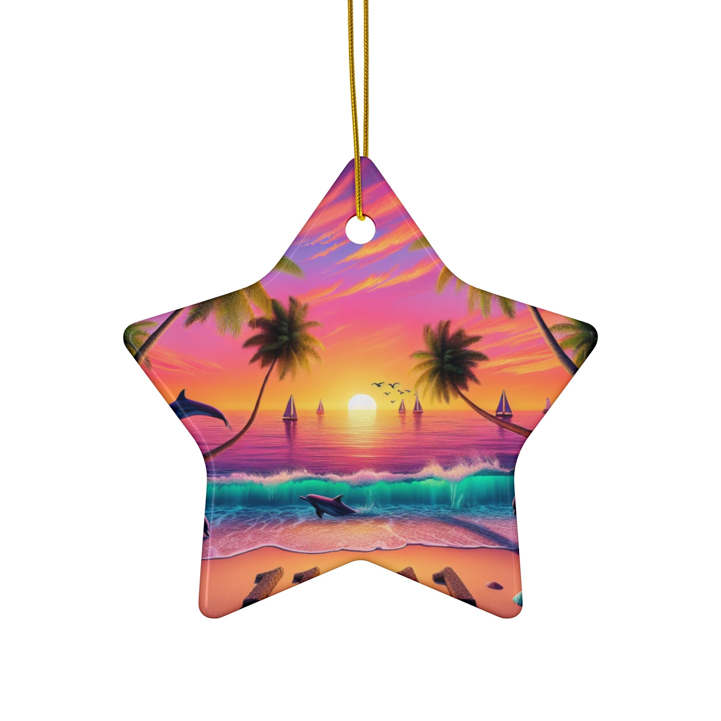 Ceramic Ornament Star, Heart, Snowflake or Circle 1111 "Tropical Twilight Serenade" - Tropical Beach Sunset with Palm Trees, Dolphins, and Sailboats