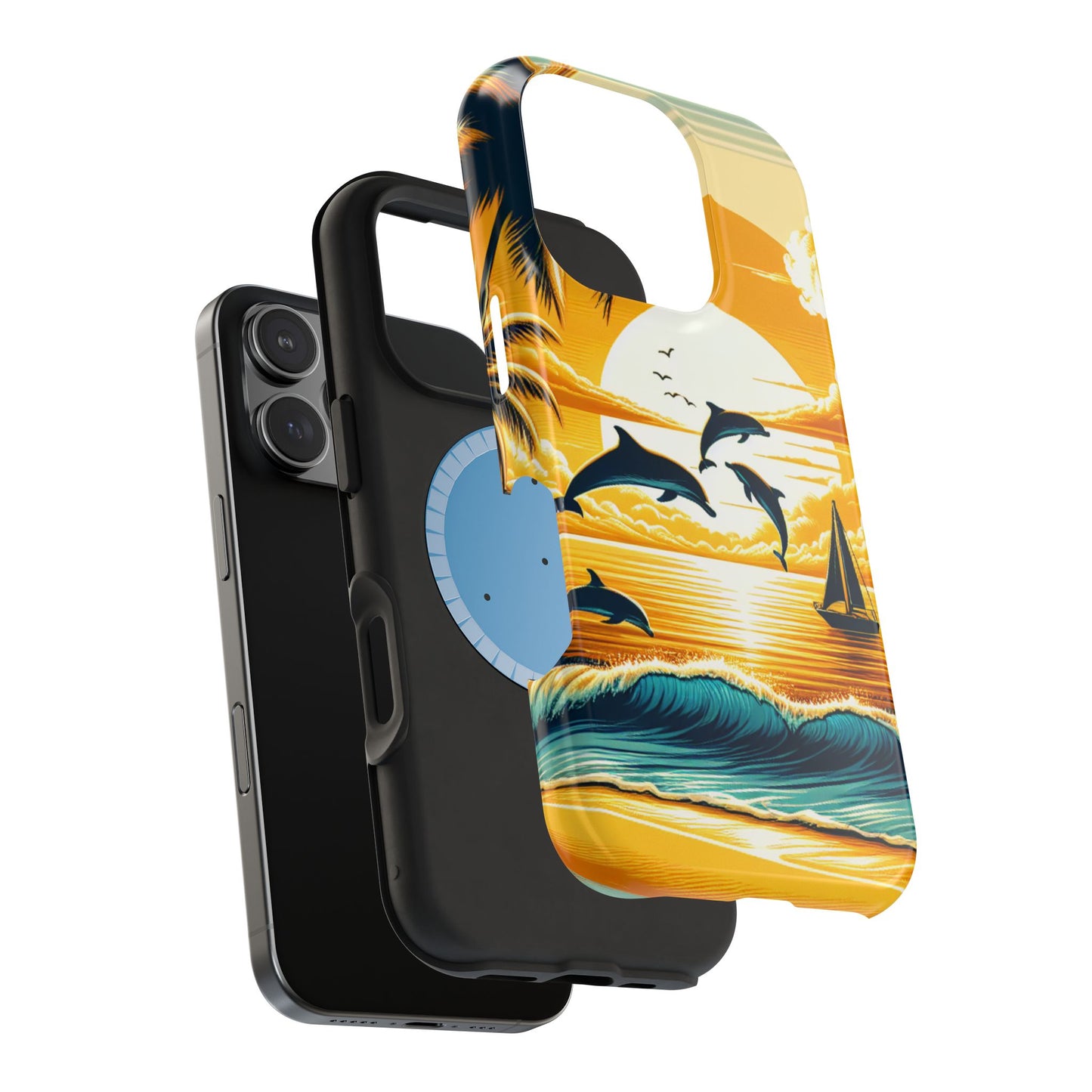 Magnetic Tough Phone case for phone 16 15 14 13 Pro Plus and Max 1111 "Sundrenched Serenity: An Enchanting Tropical Sunset" - Tough Phone Case with Tropical Beach Sunset Dolphins ande Sailboats HD Art