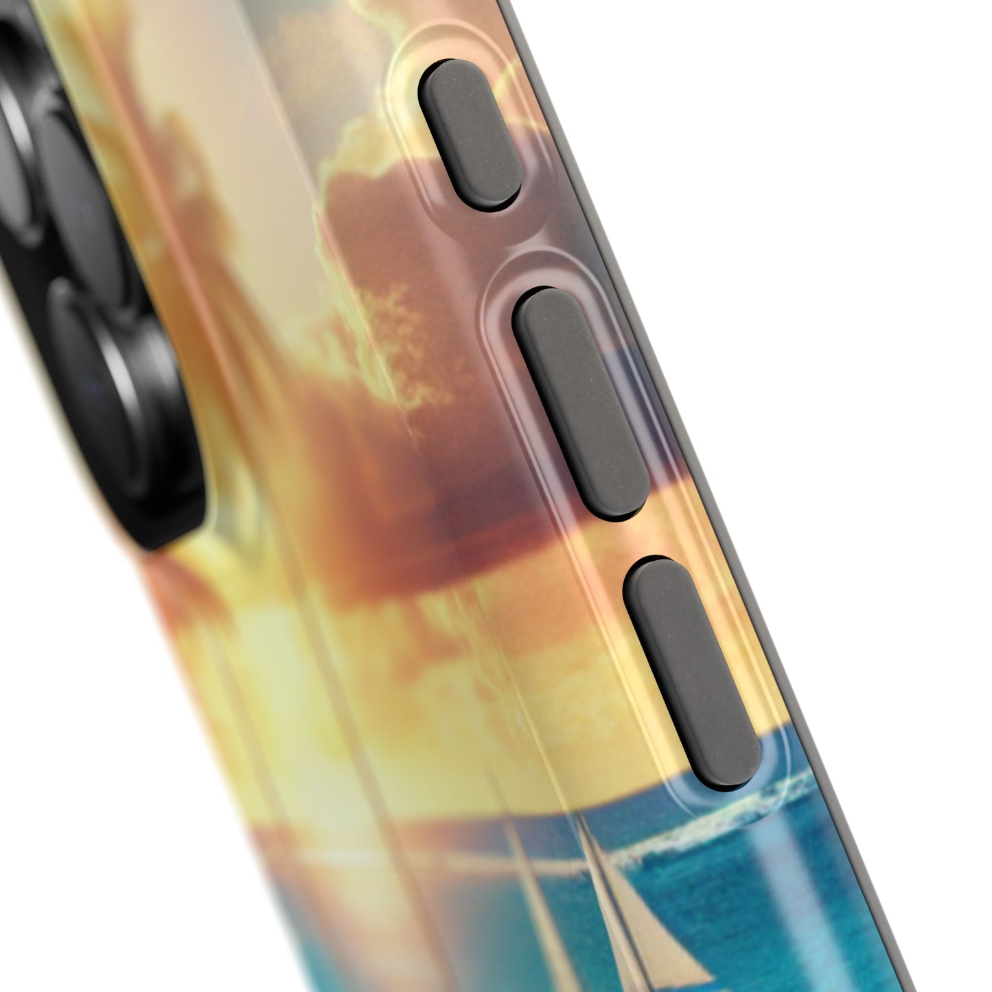 Magnetic Iphone 16 15 14 13 Pro and Max 1111 "Tropical Solitude: Sundown Serenity" - Tough Phone Case with Tropical Beach Sunset Dolphins ande Sailboats HD Art