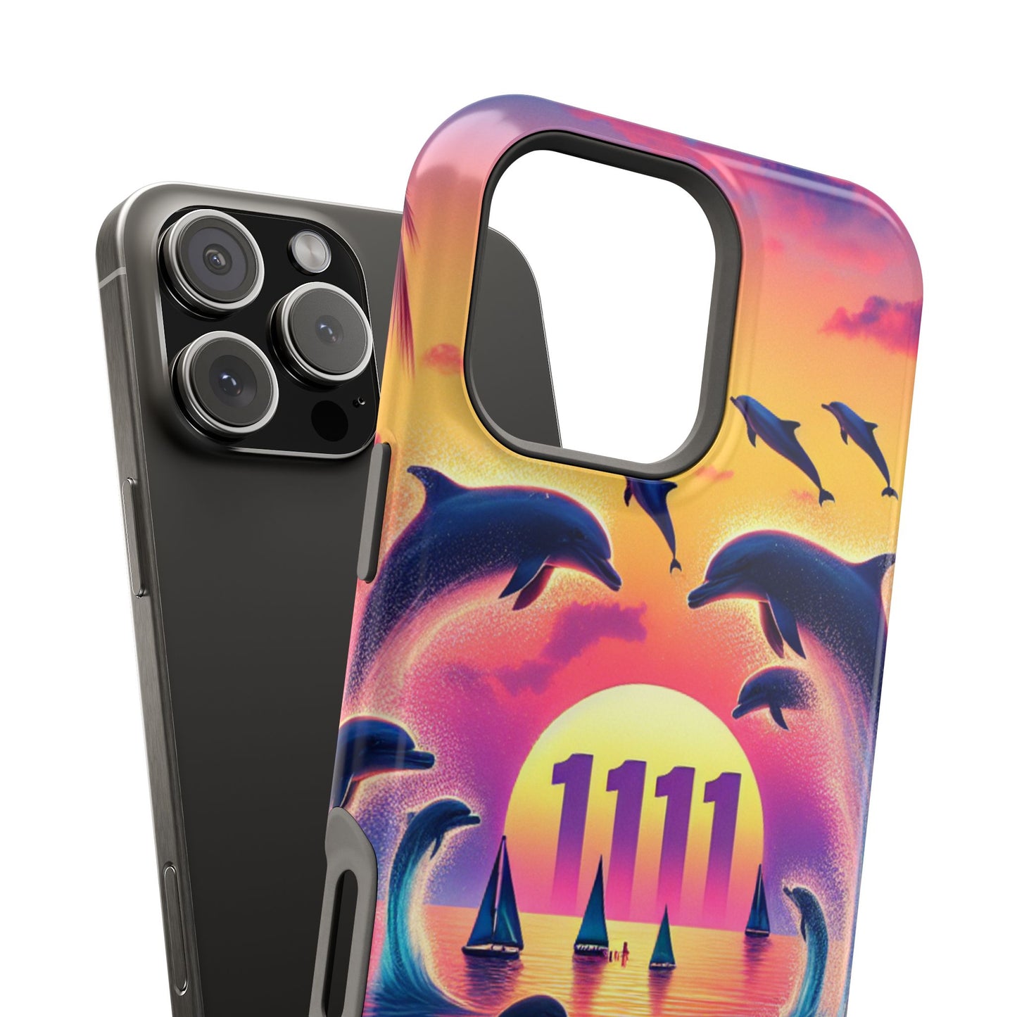 Magnetic Iphone 13-16 Pro and Max 1111 "Paradise Twilight: An Ode to Tropical Serenity" - Tough Phone Case with Tropical Beach Sunset Dolphins ande Sailboats HD Art